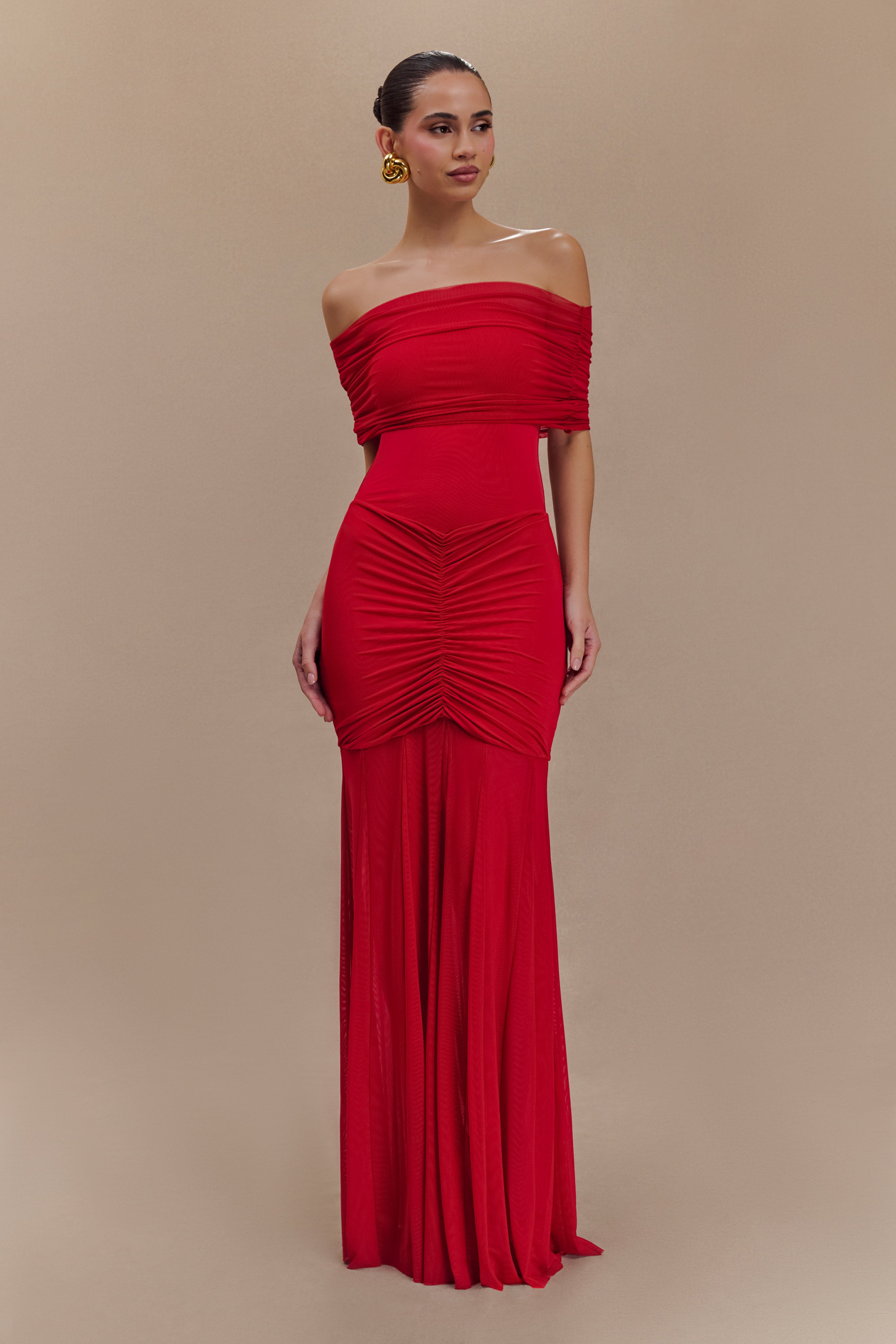 Off Shoulder Slinky Mesh Maxi Dress for Formal Events | Caspian Ruby