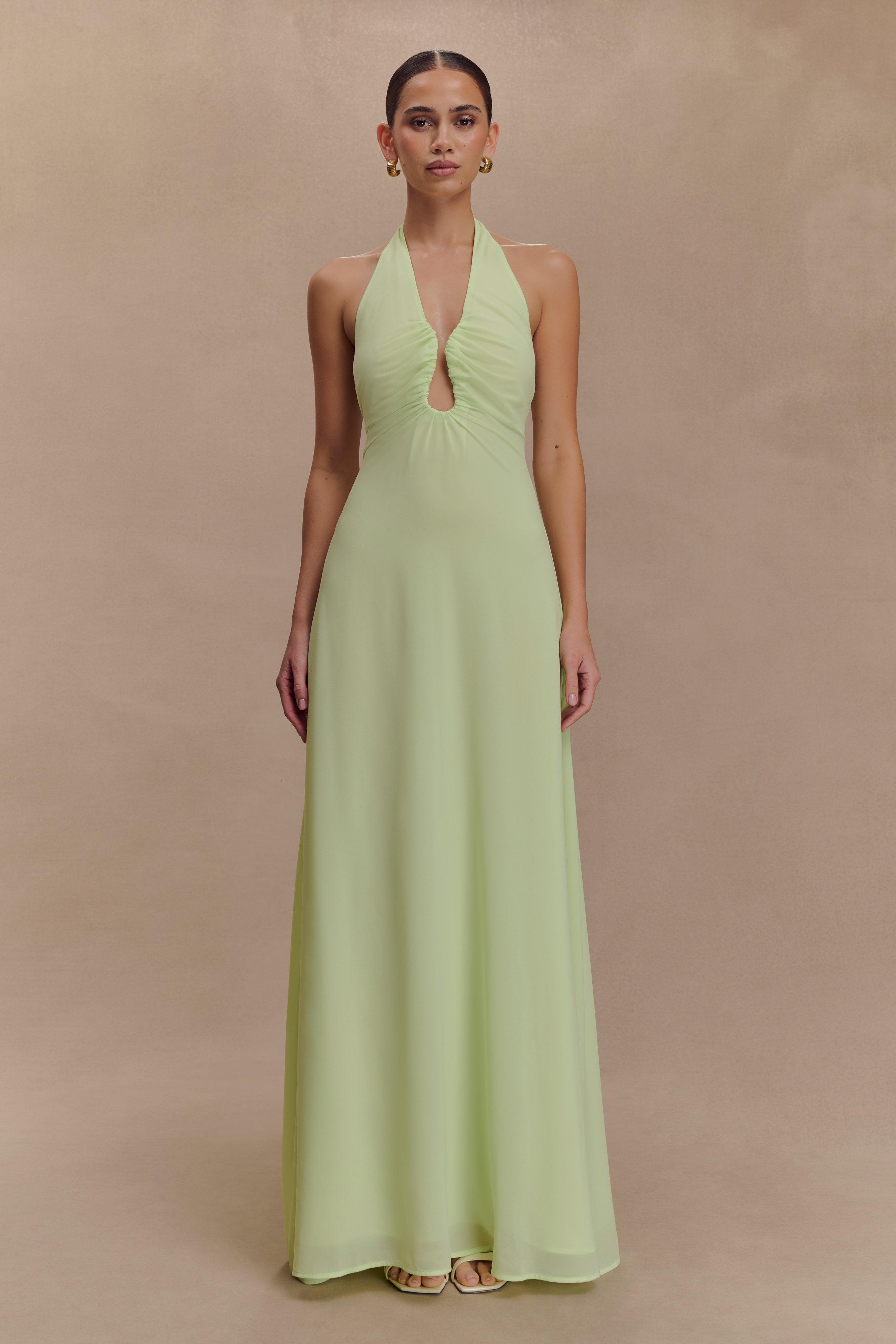 Chiffon Halter Maxi Dress with V Neck & A-Line Flare | Malakhai