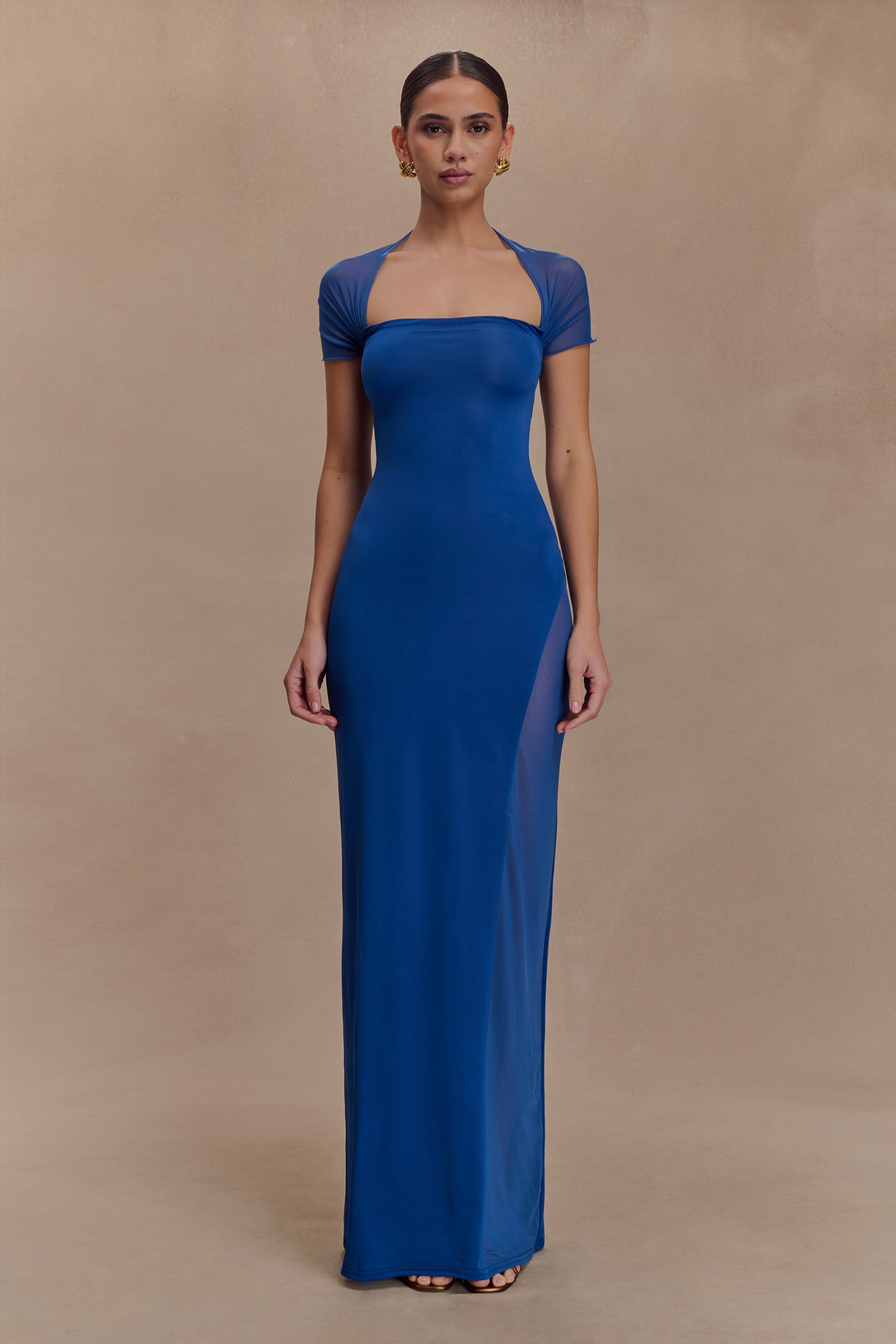 Slinky Mesh Maxi Dress with Side Split | Wyatt - Cobalt Blue