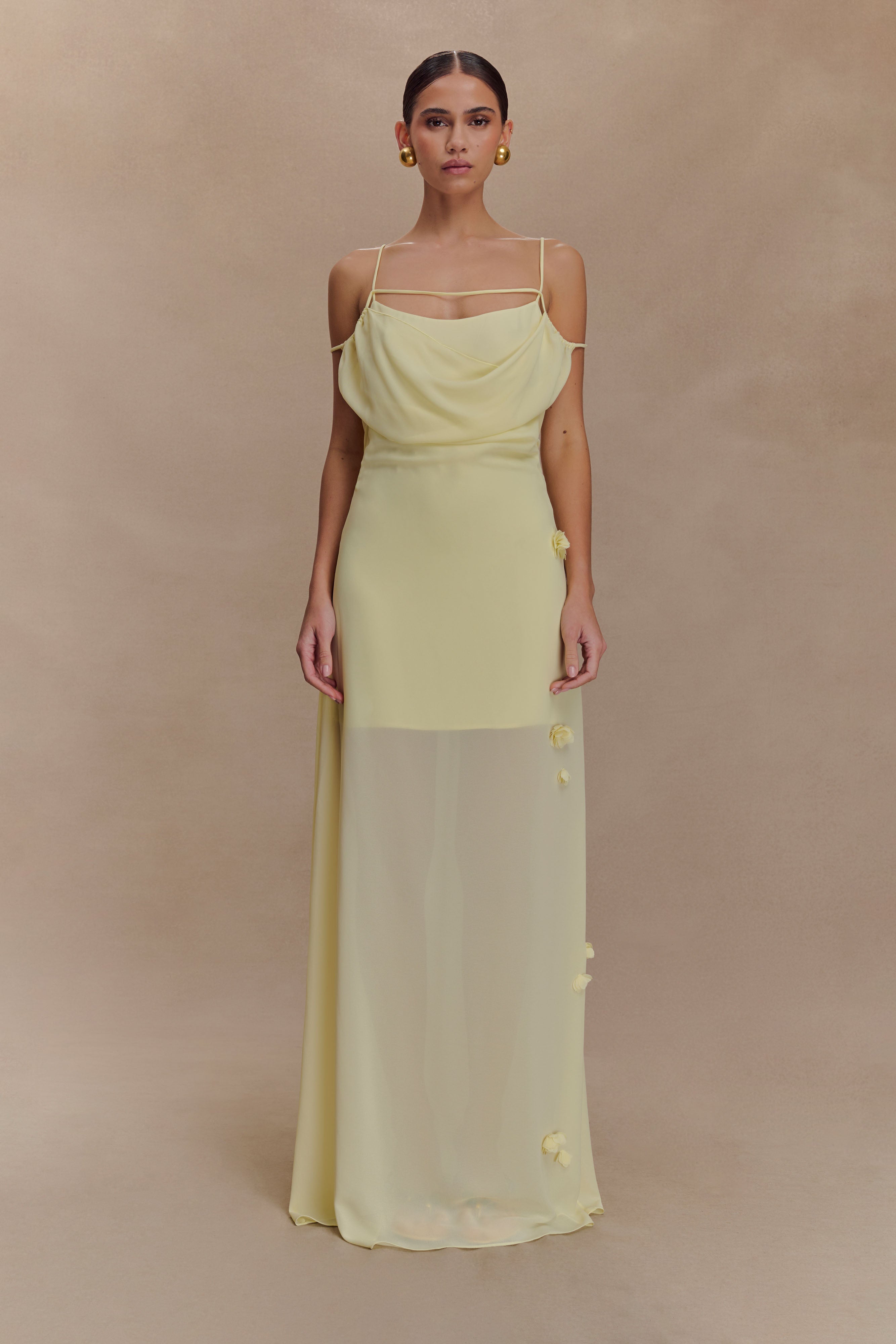 Floral Chiffon Maxi Dress with Cowl Neckline | Rosalie Pastel Lemon