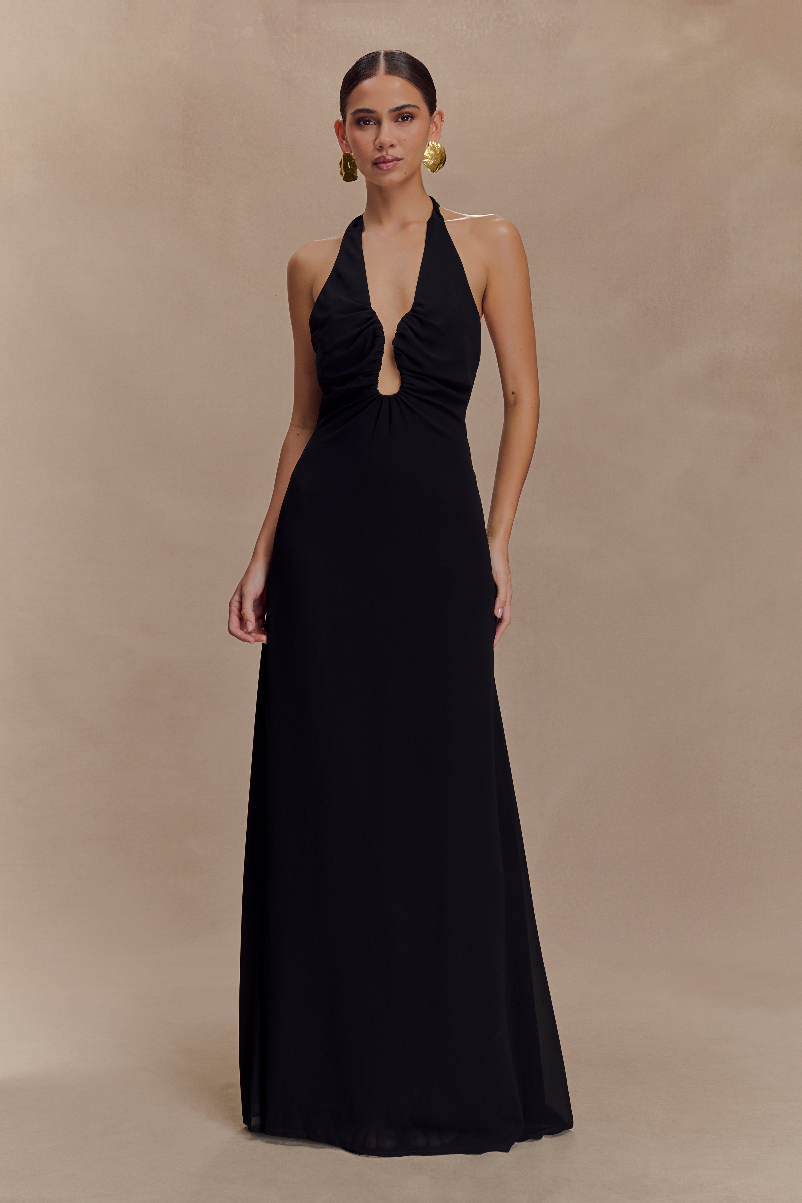 Chiffon Halter Maxi Dress with V Neck & A-Line Flare | Malakhai