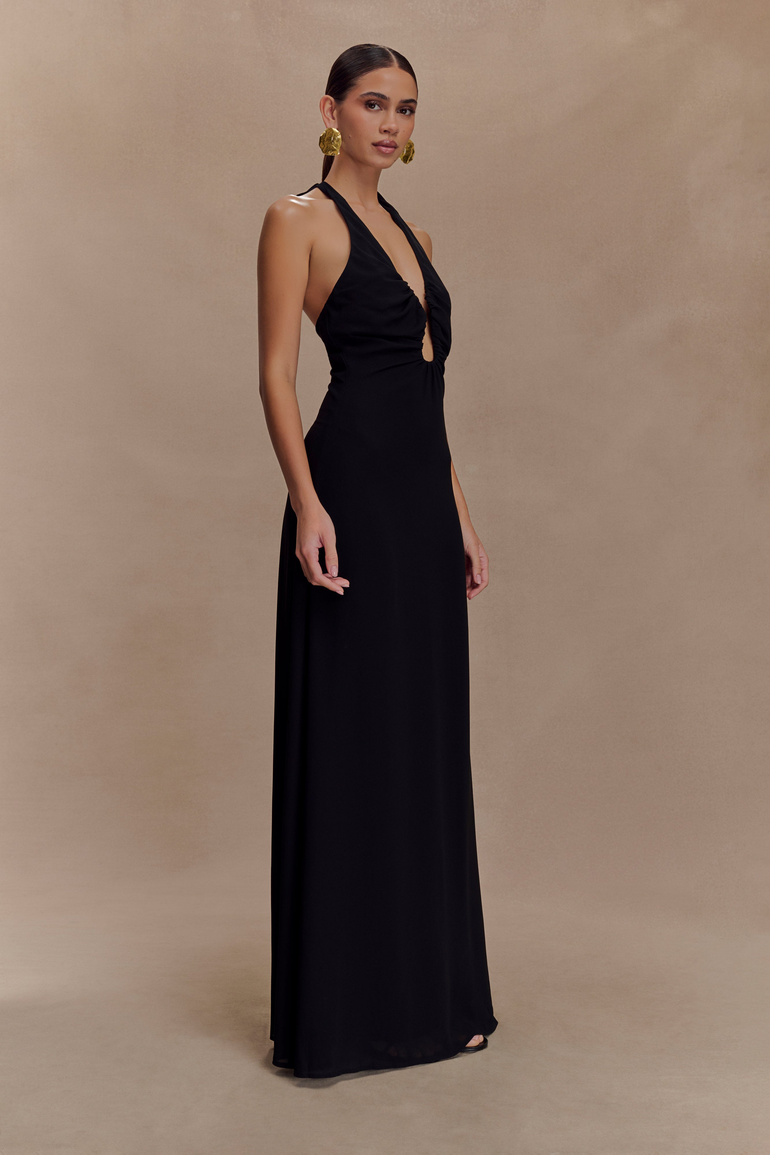 Chiffon Halter Maxi Dress with V Neck & A-Line Flare | Malakhai