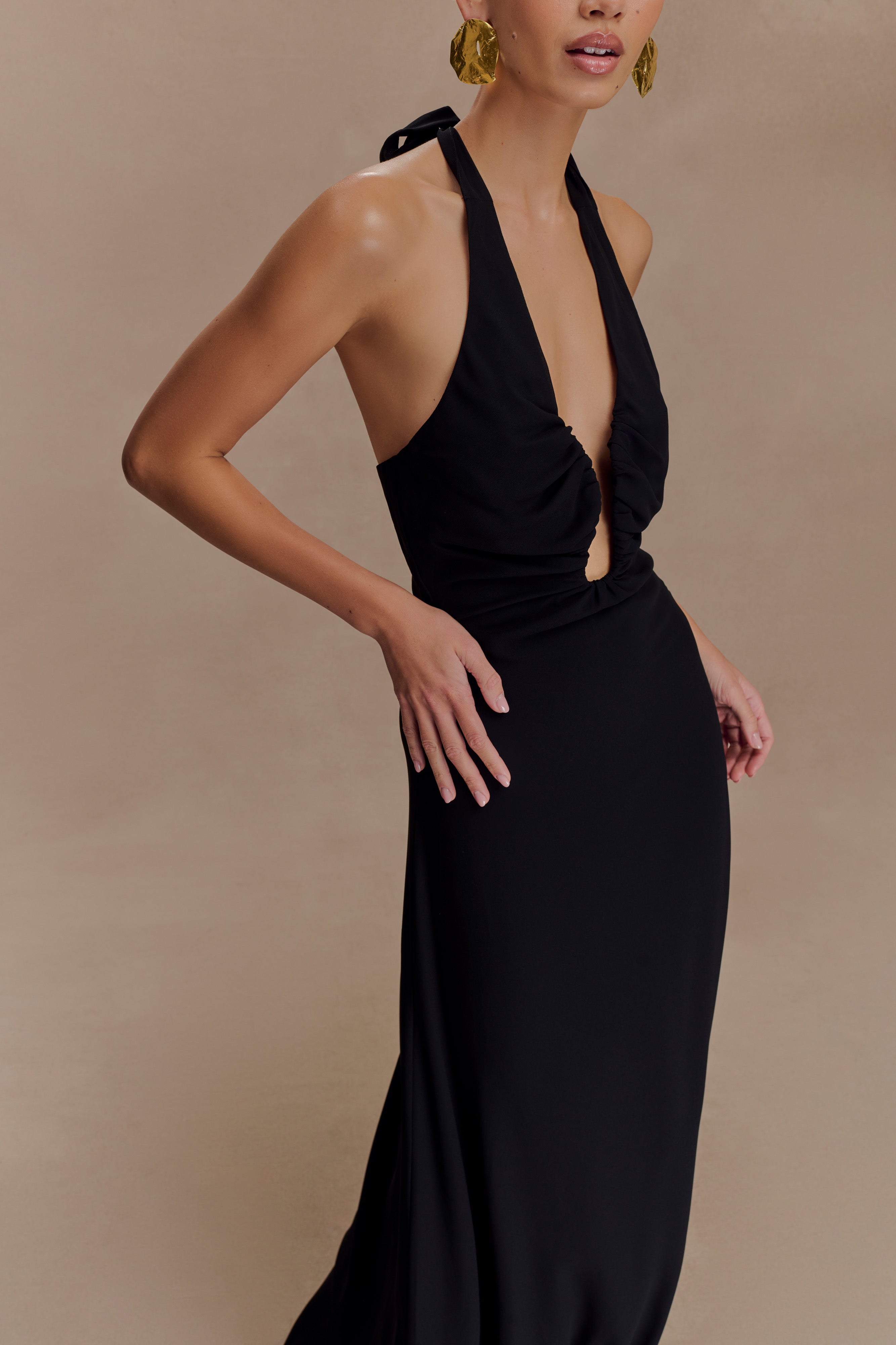 Chiffon Halter Maxi Dress with V Neck & A-Line Flare | Malakhai