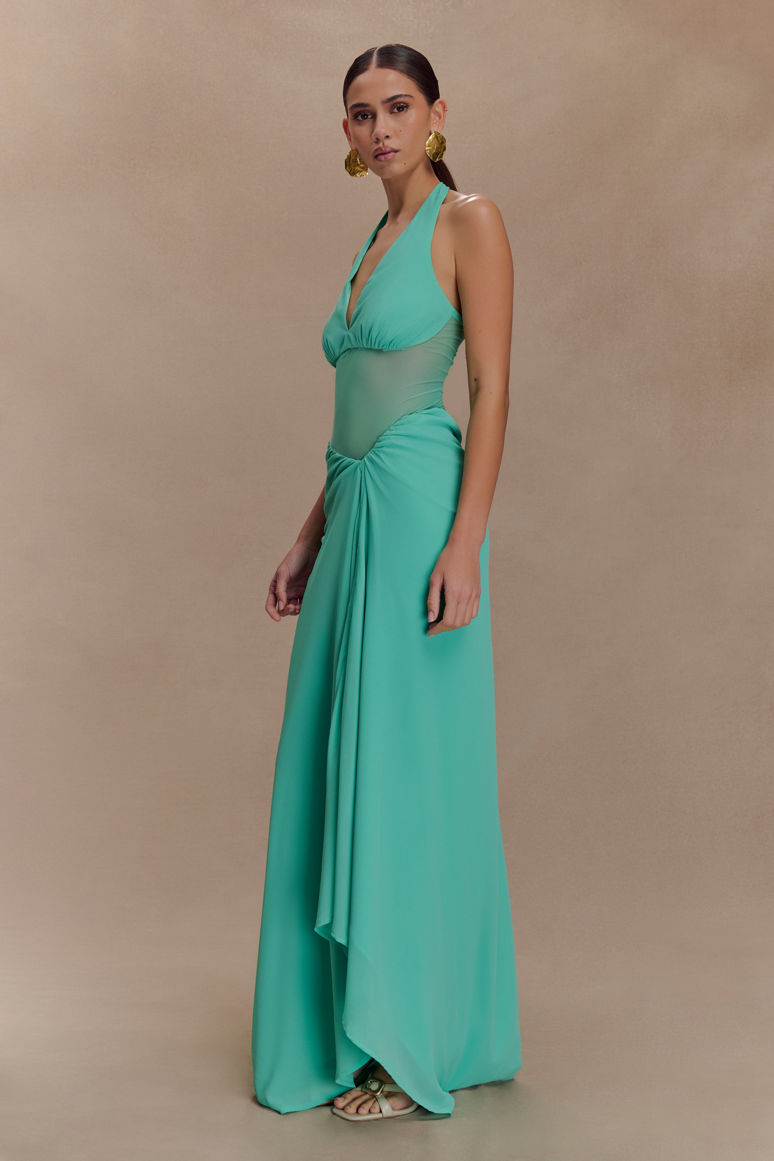 Chiffon & Mesh Maxi Dress with Halter Neckline | Jonna