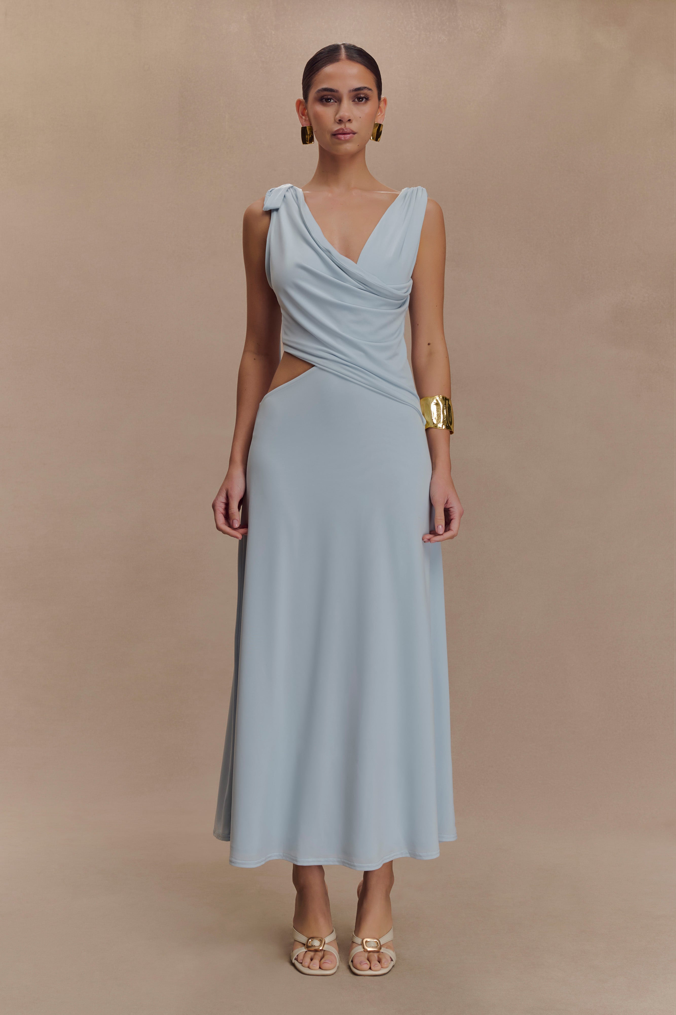 Asymmetrical Slinky Midi Dress with Cowl Neckline | Raleigh
