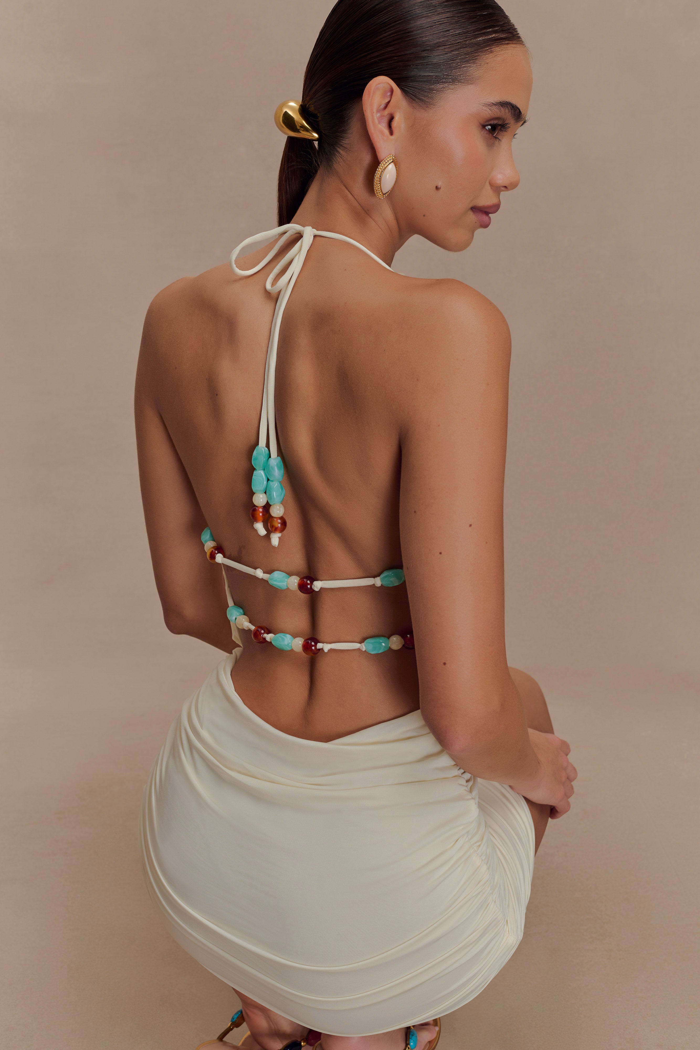 Beaded Cowl Mini Dress for Evening Events | Astraeus Ivory
