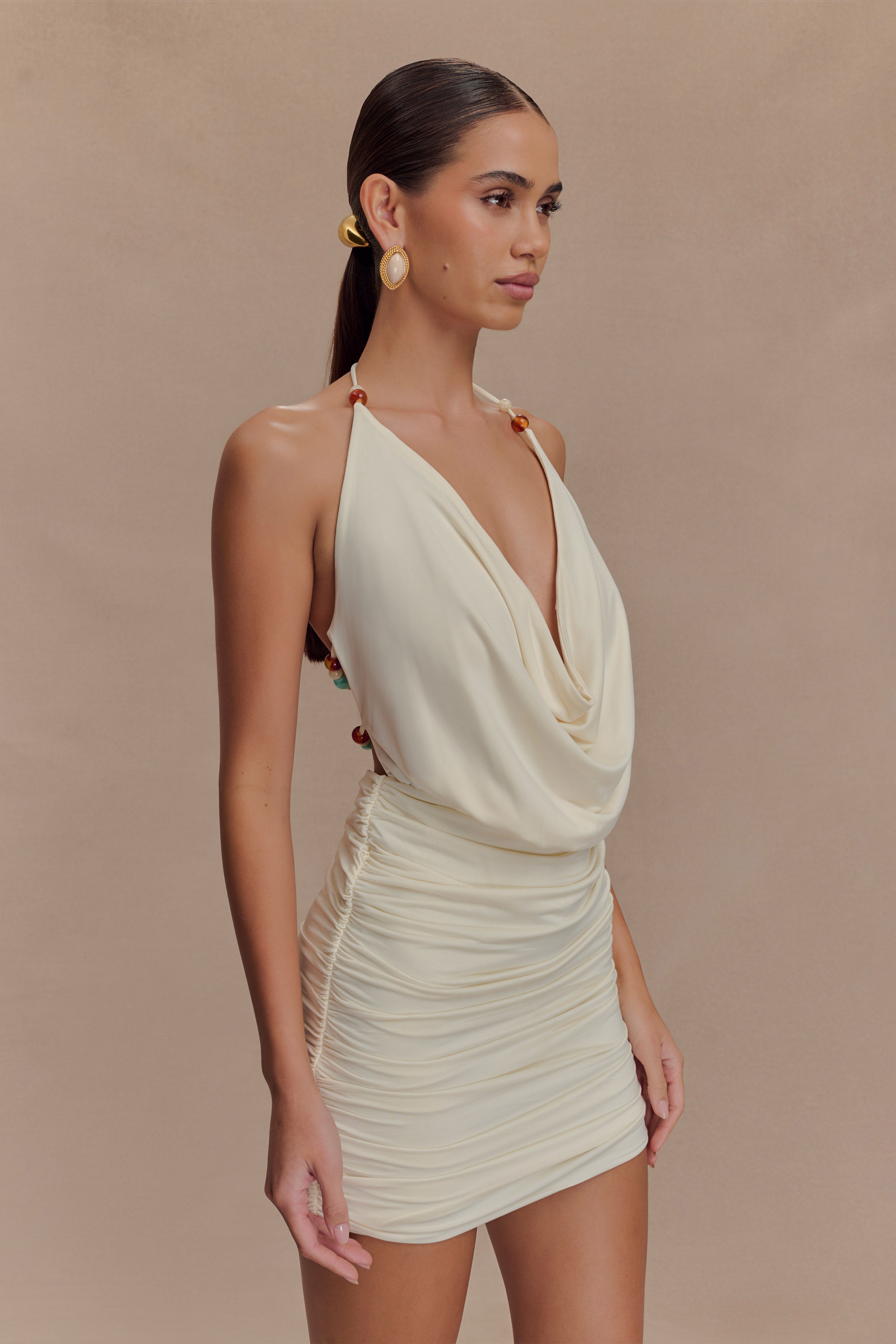 Beaded Cowl Mini Dress for Evening Events | Astraeus Ivory