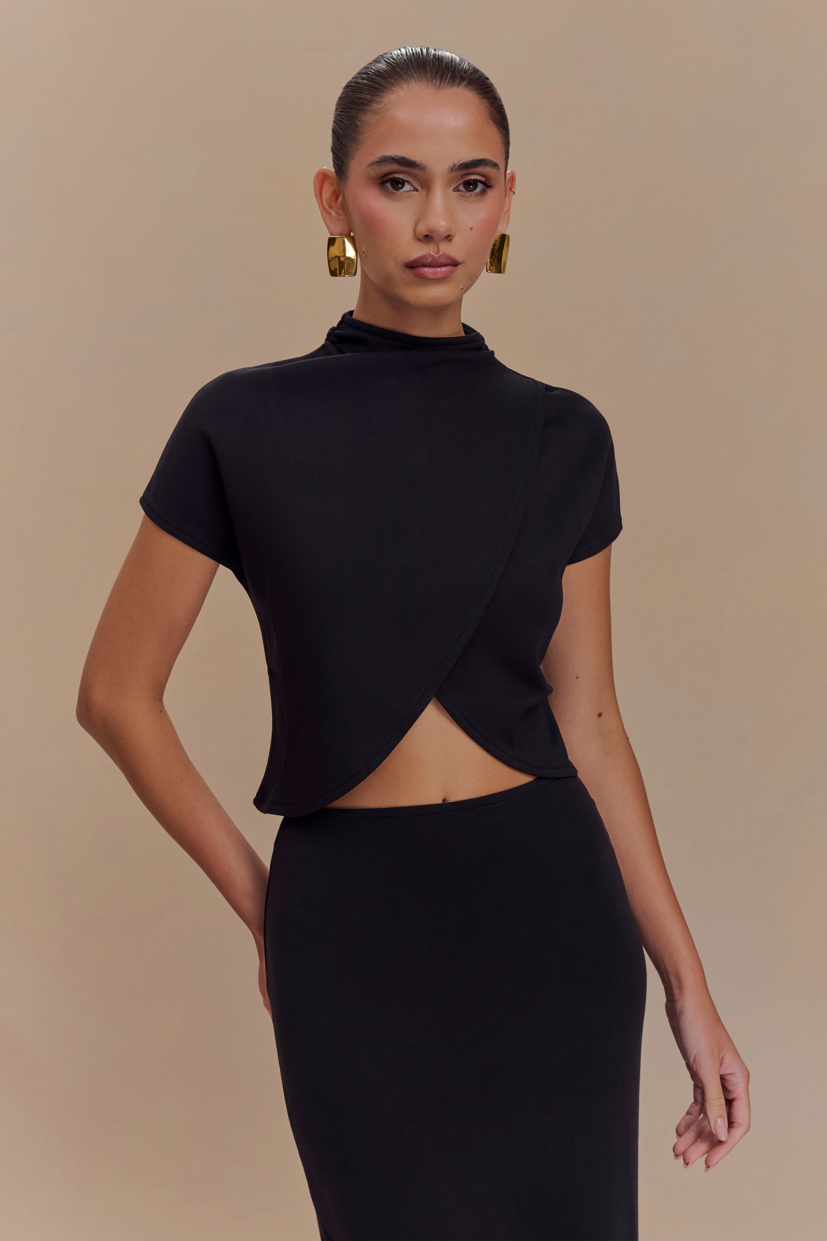 High Neck Scuba Jersey Top for Women | Sleek & Chic Black Top - Eris