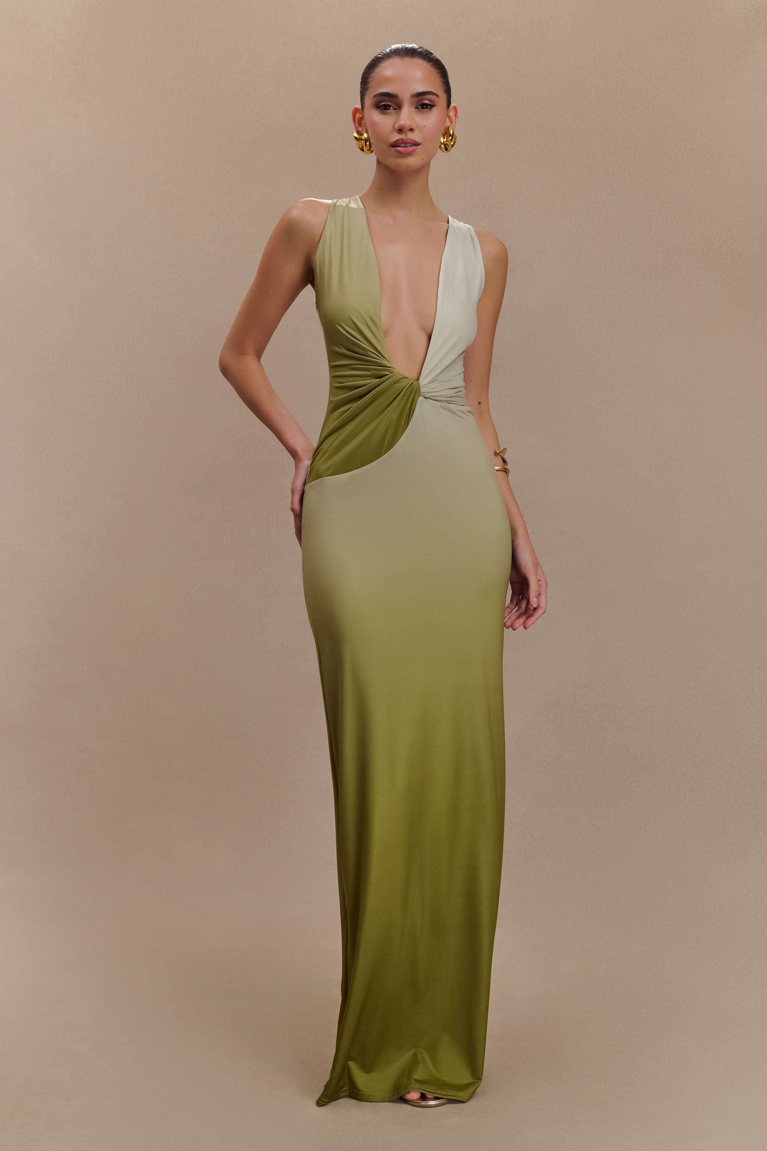 Stella Draped Slinky Maxi Dress with Plunge Neckline & Ombre Print | Elegant Evening Wear