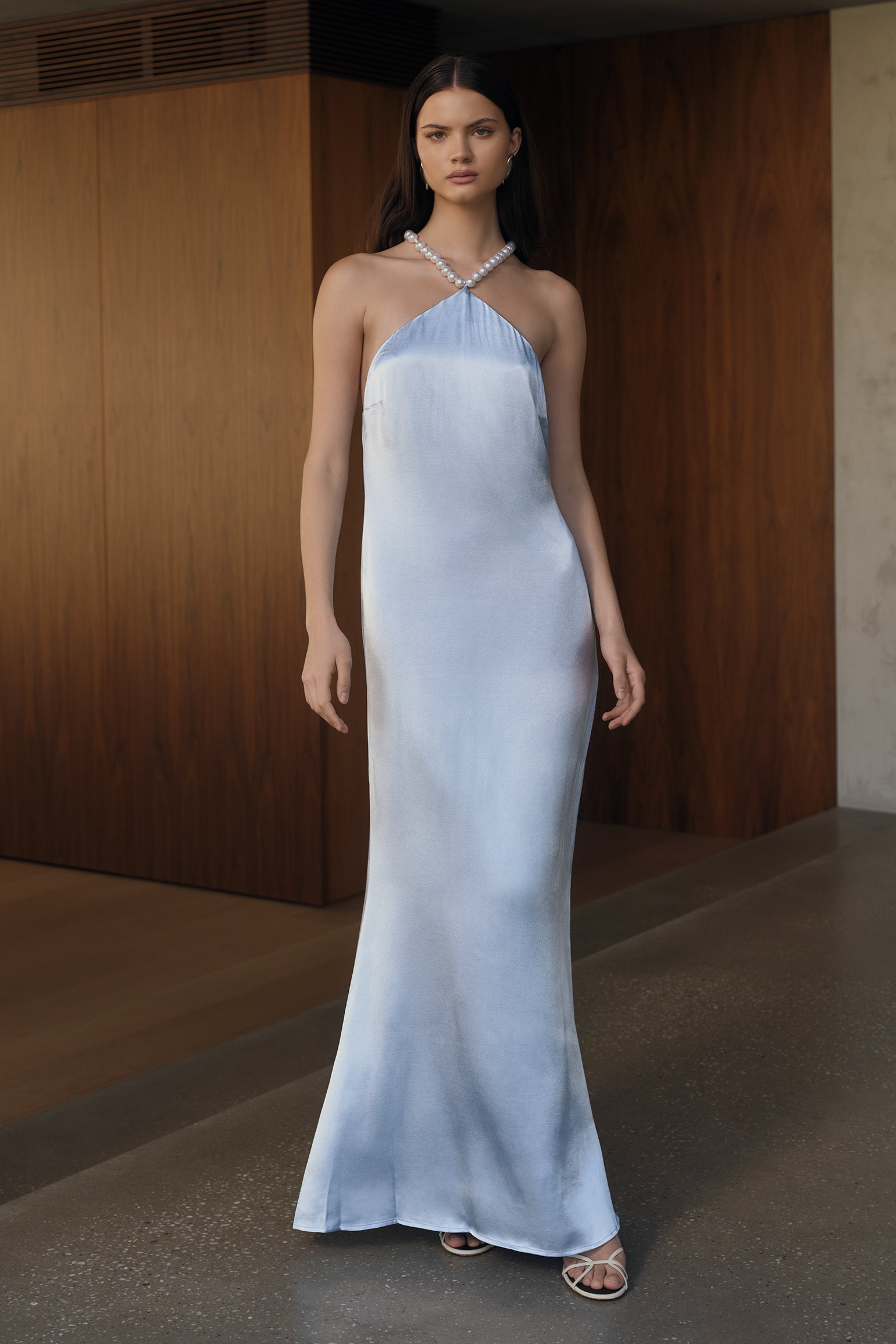 Pearl Halter Maxi Dress with Satin Finish | Blanche Cornflower Blue