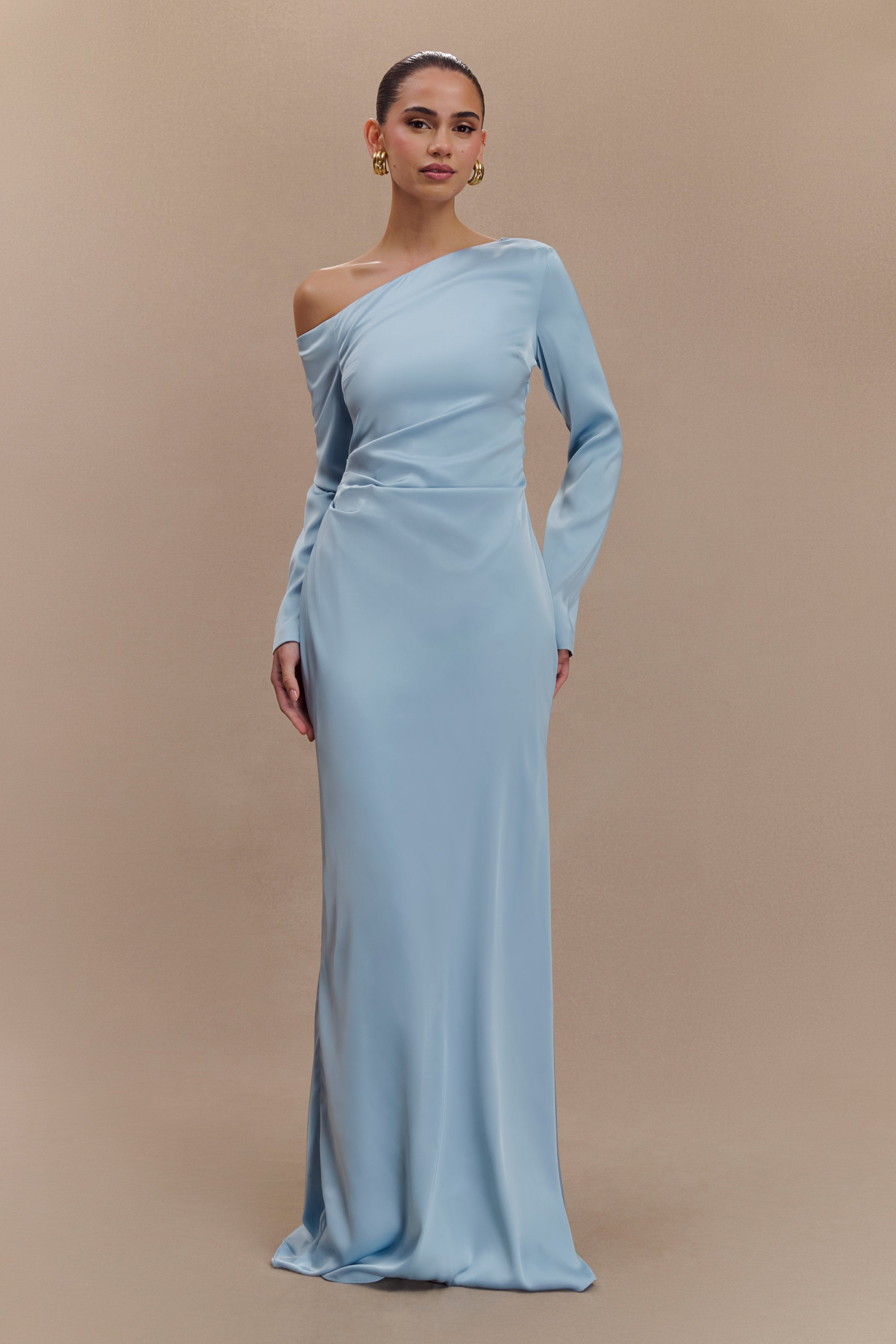 Elegant Long Sleeve Maxi Dress with Asymmetrical Neckline | Avery