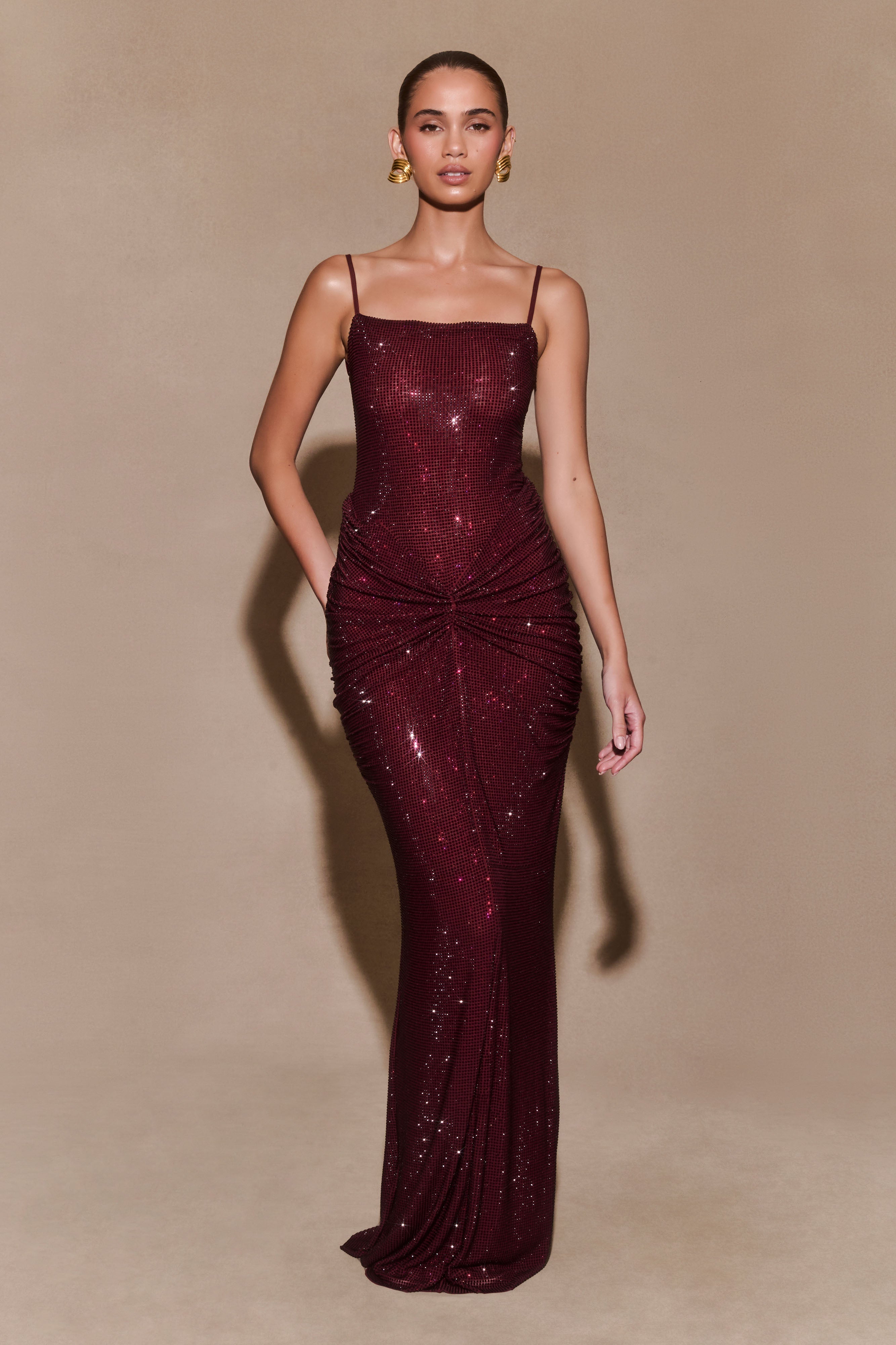 Diamante Satin Maxi Dress with Low-Cut Back | Roisin Mahogany