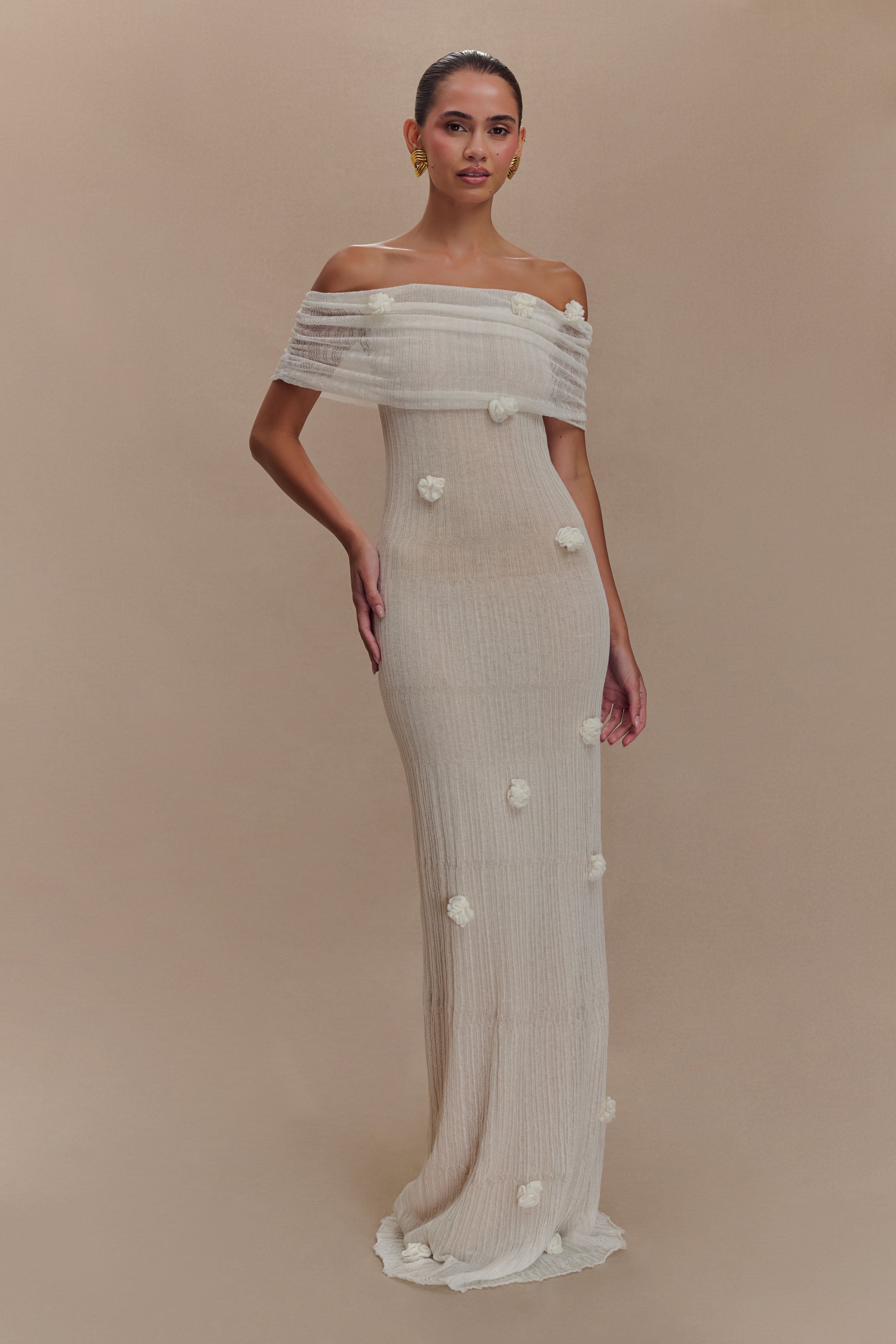 Off-the-Shoulder Knit Maxi Dress with Flower Appliqués | Brynn Ivory