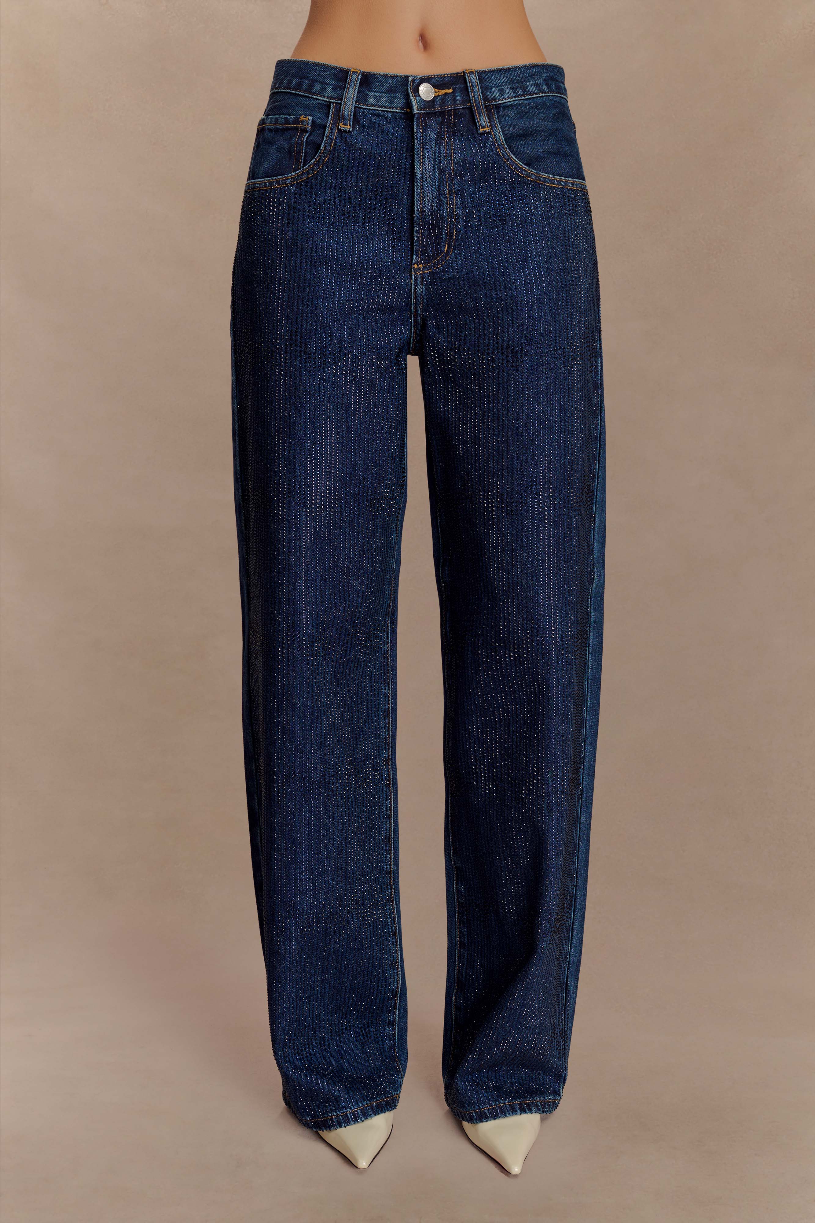 Mid Rise Diamante Denim Jeans with Sparkle Embellishments | Laina