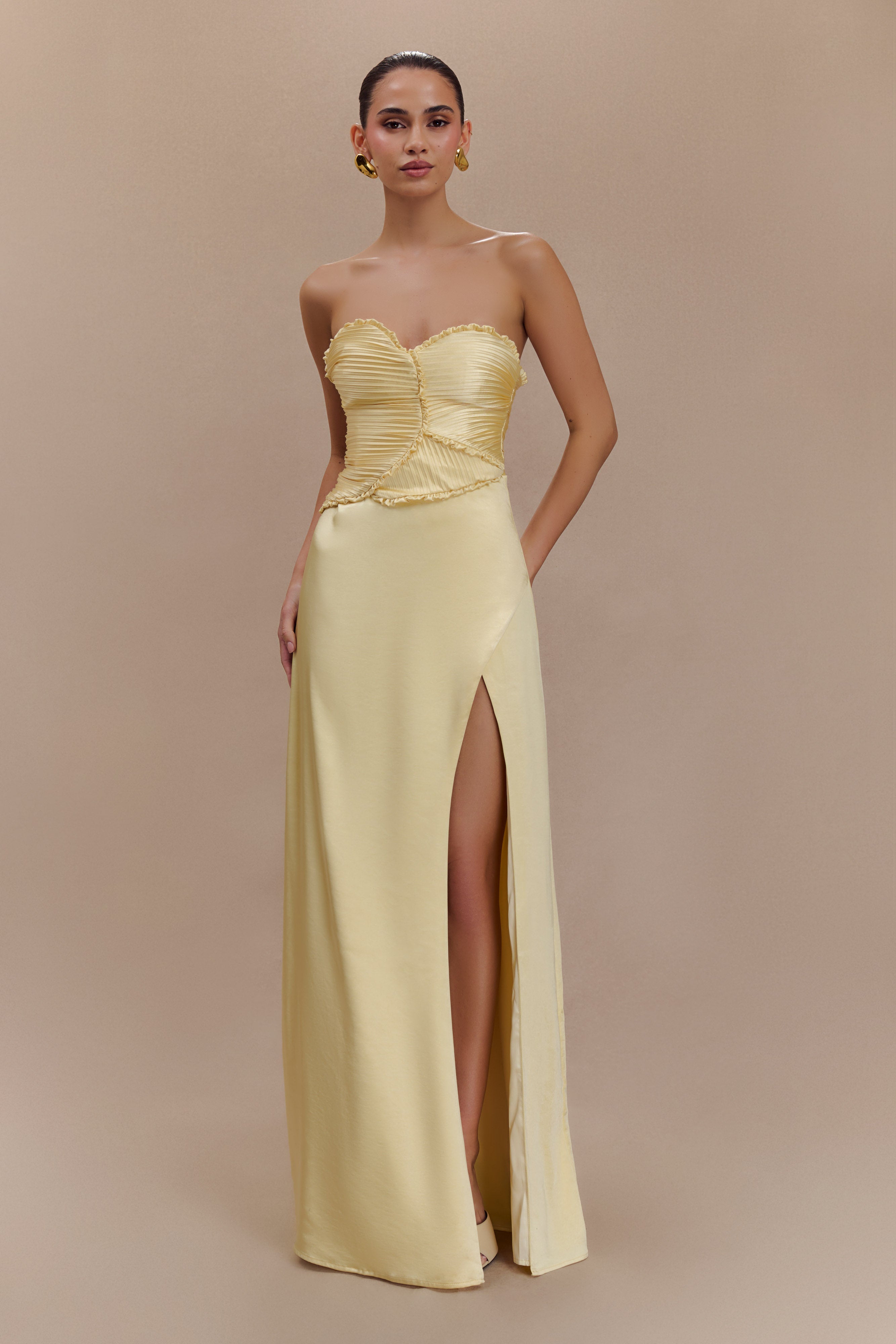 Satin Maxi Dress with Ruched Petals & Front Slit | Larissa Lemon