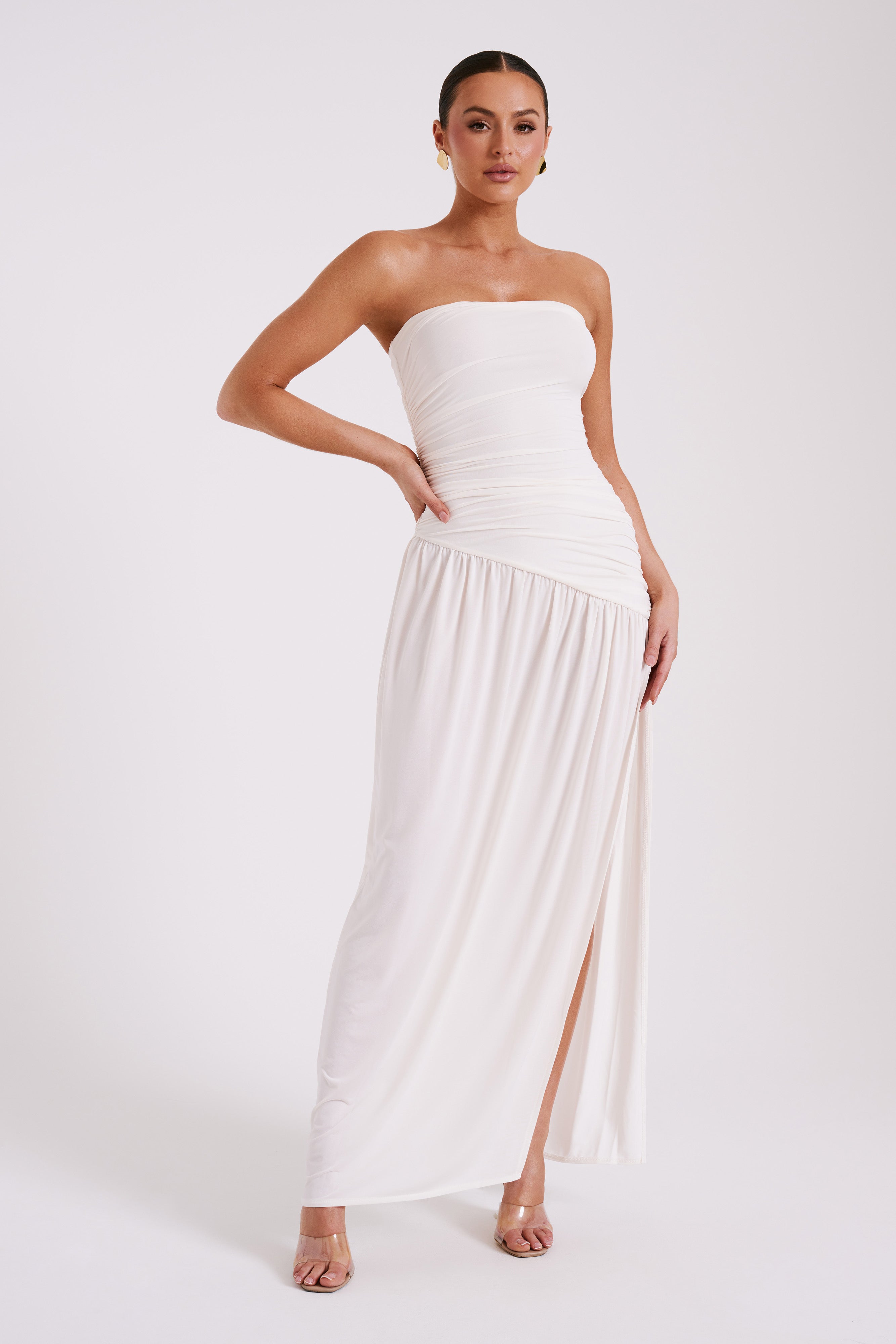 Strapless Maxi Dress with Side Split & Ruched Bodice | Bex Ivory