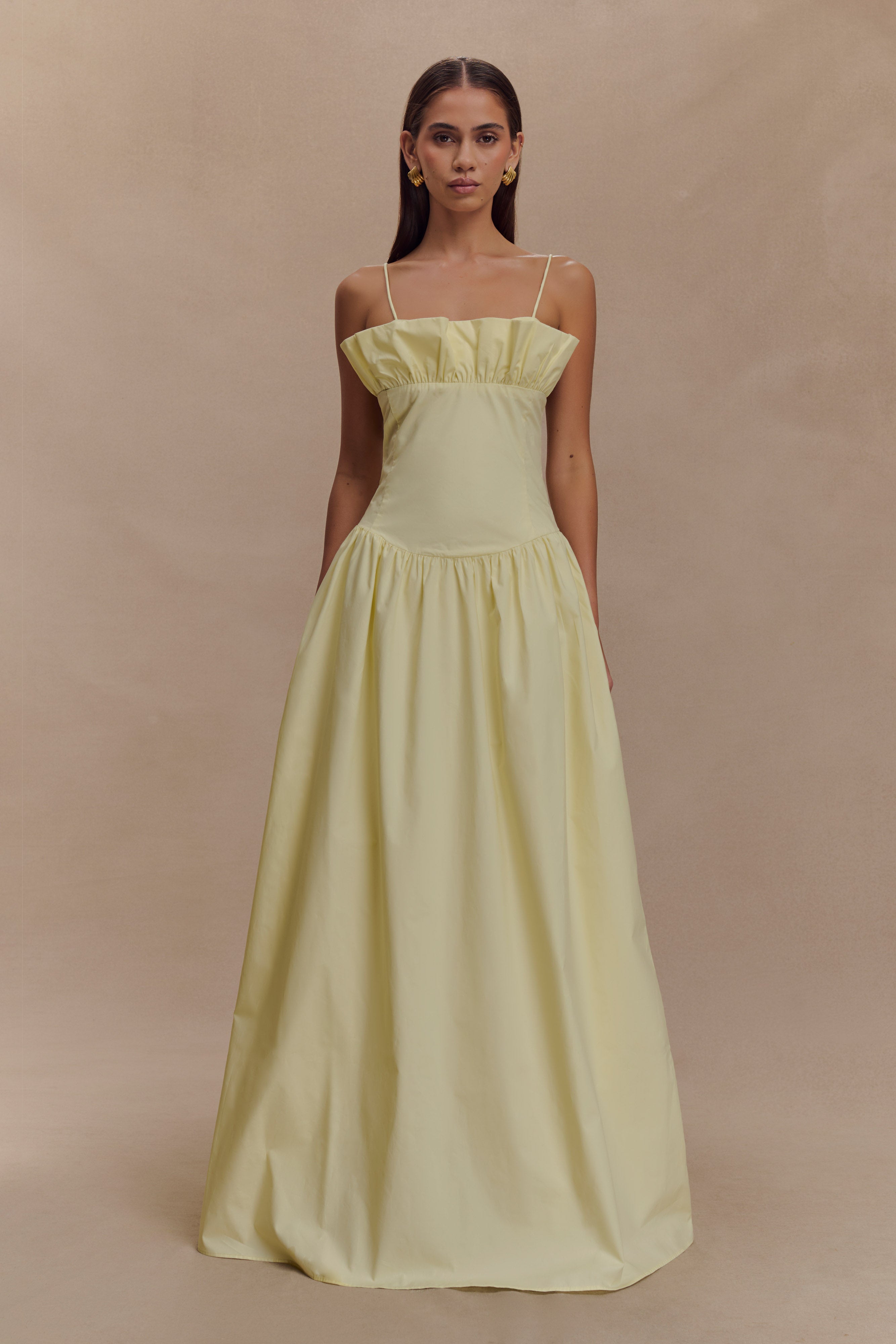 Lemon Cotton Frill Maxi Dress with Spaghetti Straps | Janis