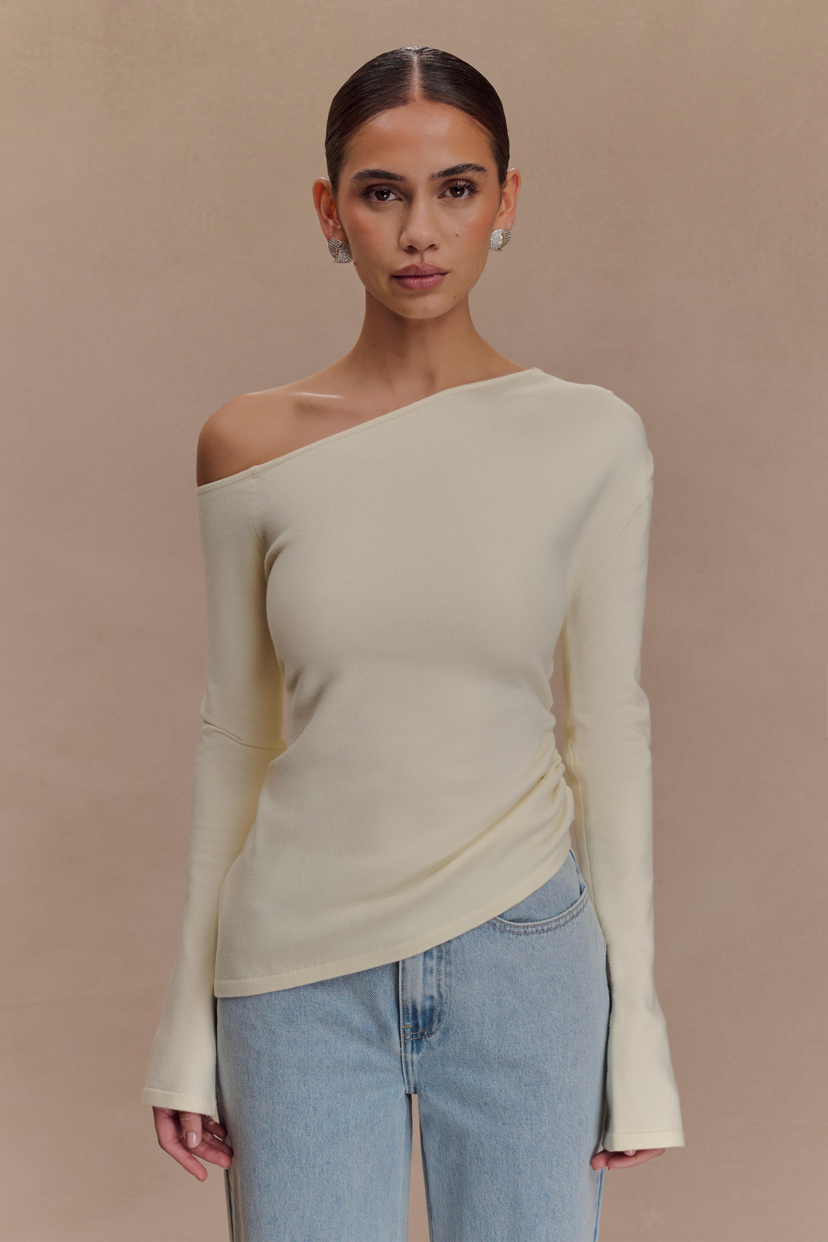 Off Shoulder Knit Top with Asymmetrical Neckline | Miles Ivory