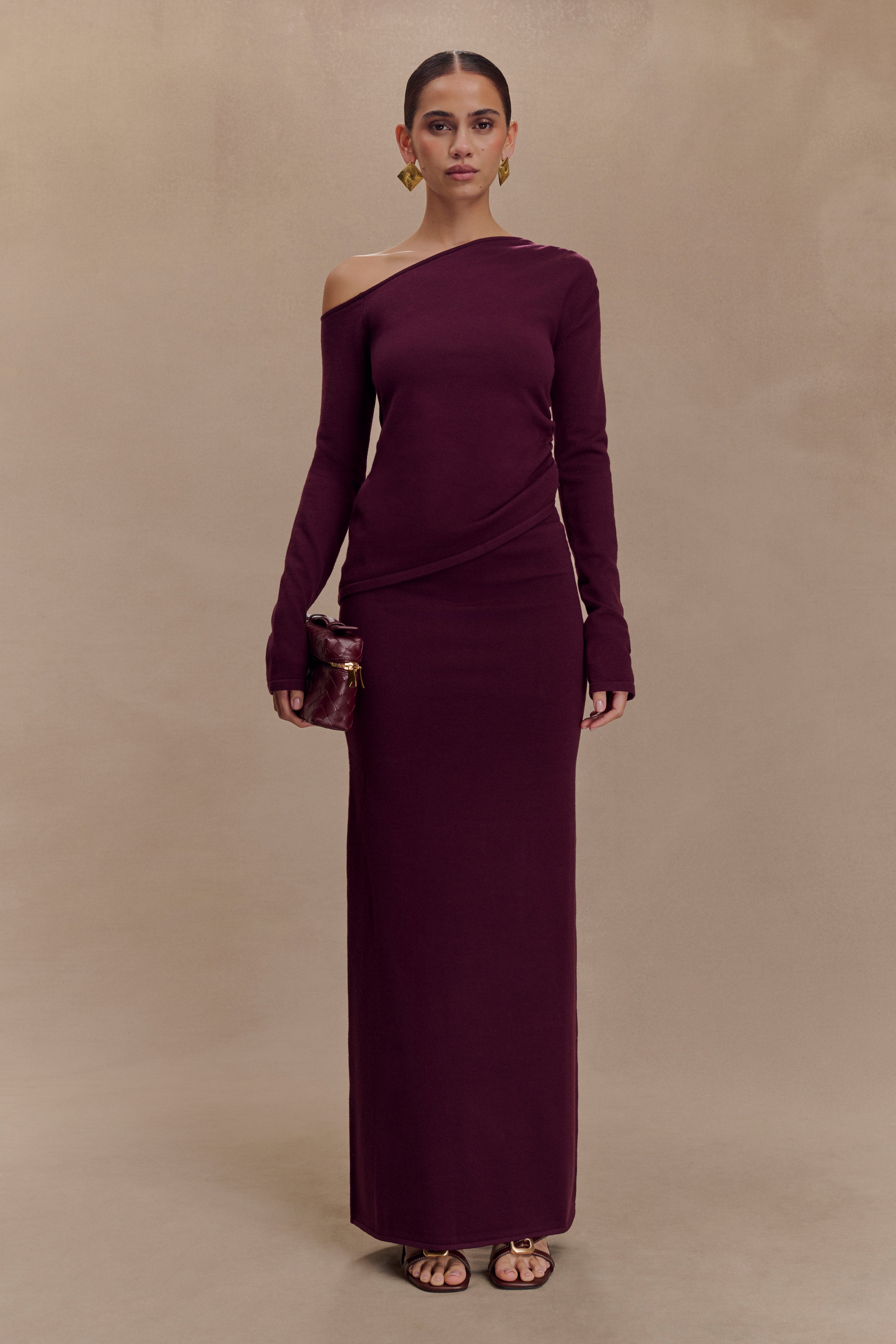 High-Waisted Knit Maxi Skirt with Elastic Waistband | Miles - Plum