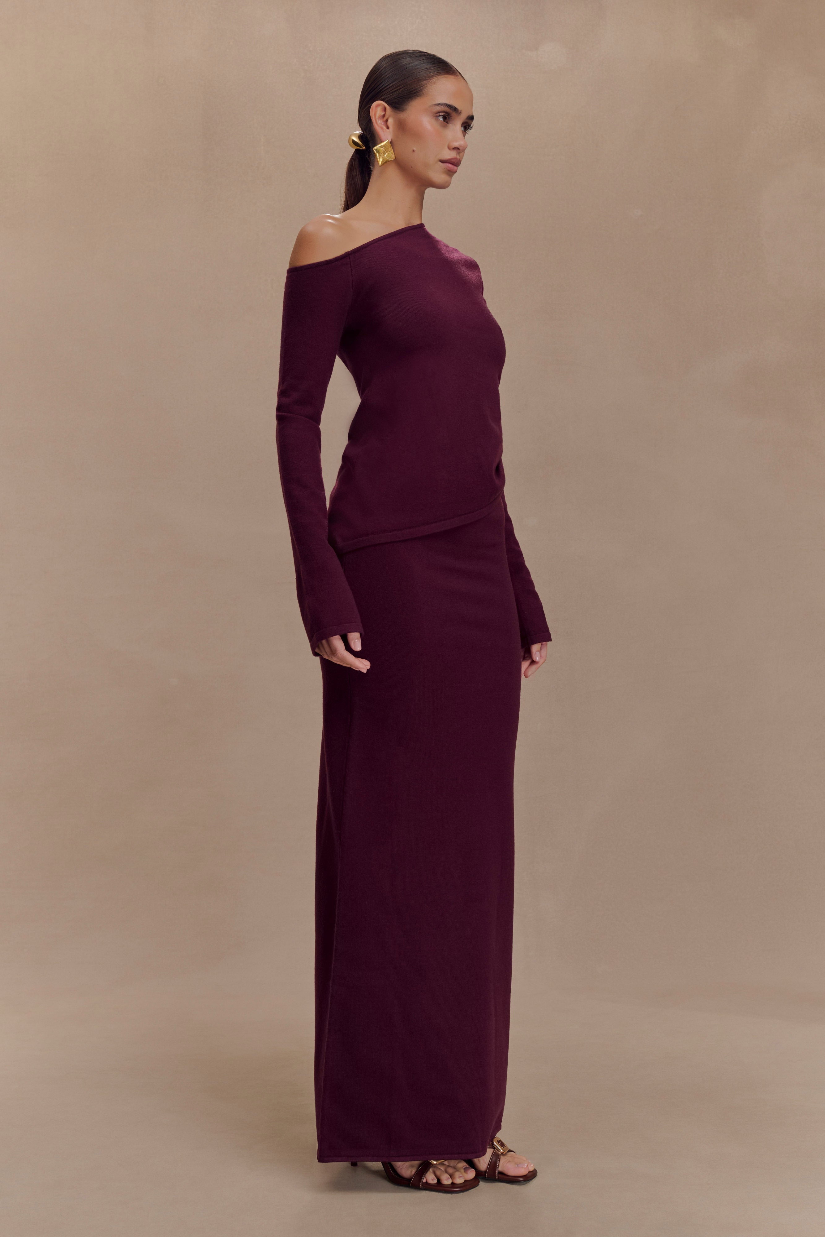 High-Waisted Knit Maxi Skirt with Elastic Waistband | Miles - Plum