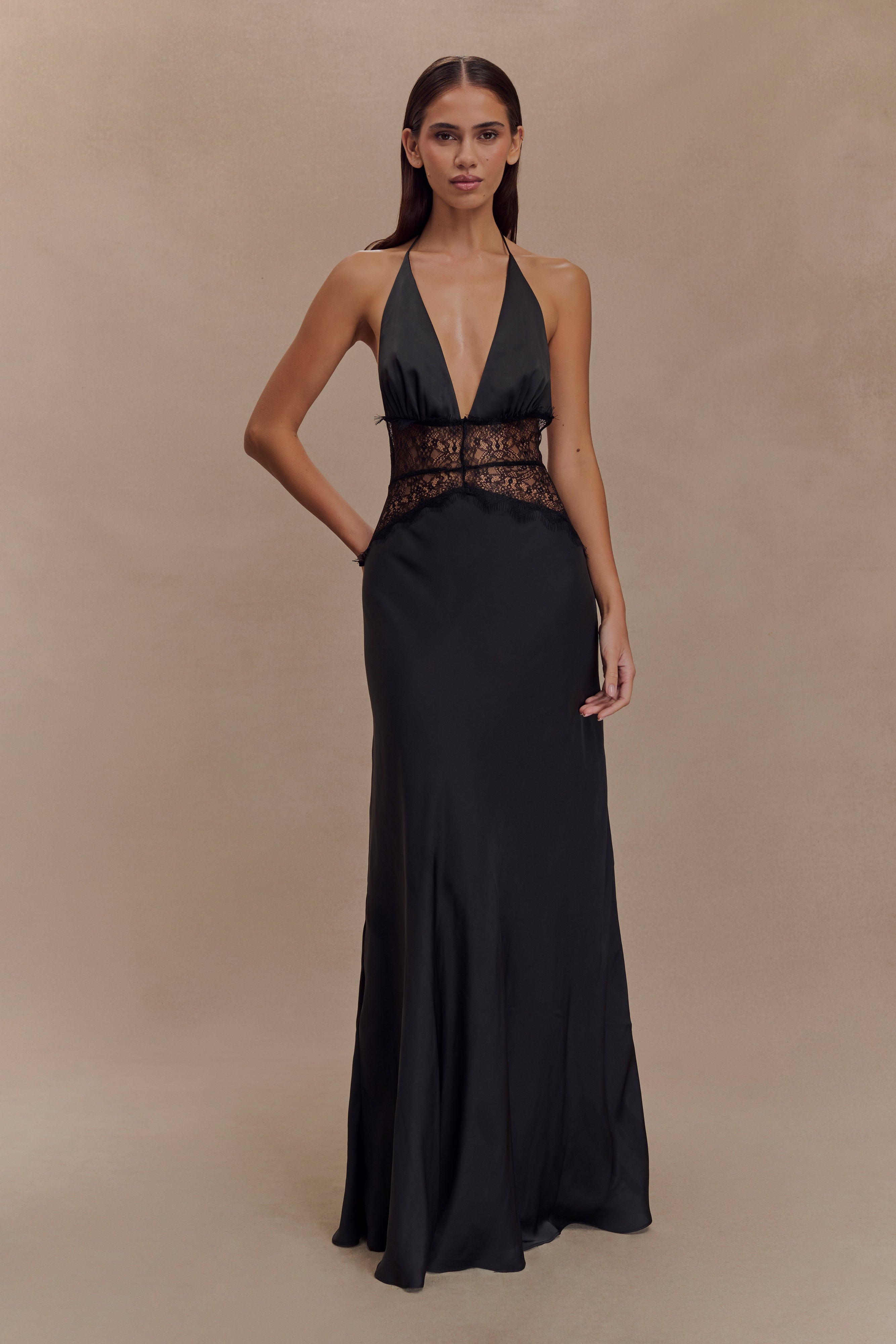 Black Lace & Satin Maxi Dress with Halter Neckline | Dinah