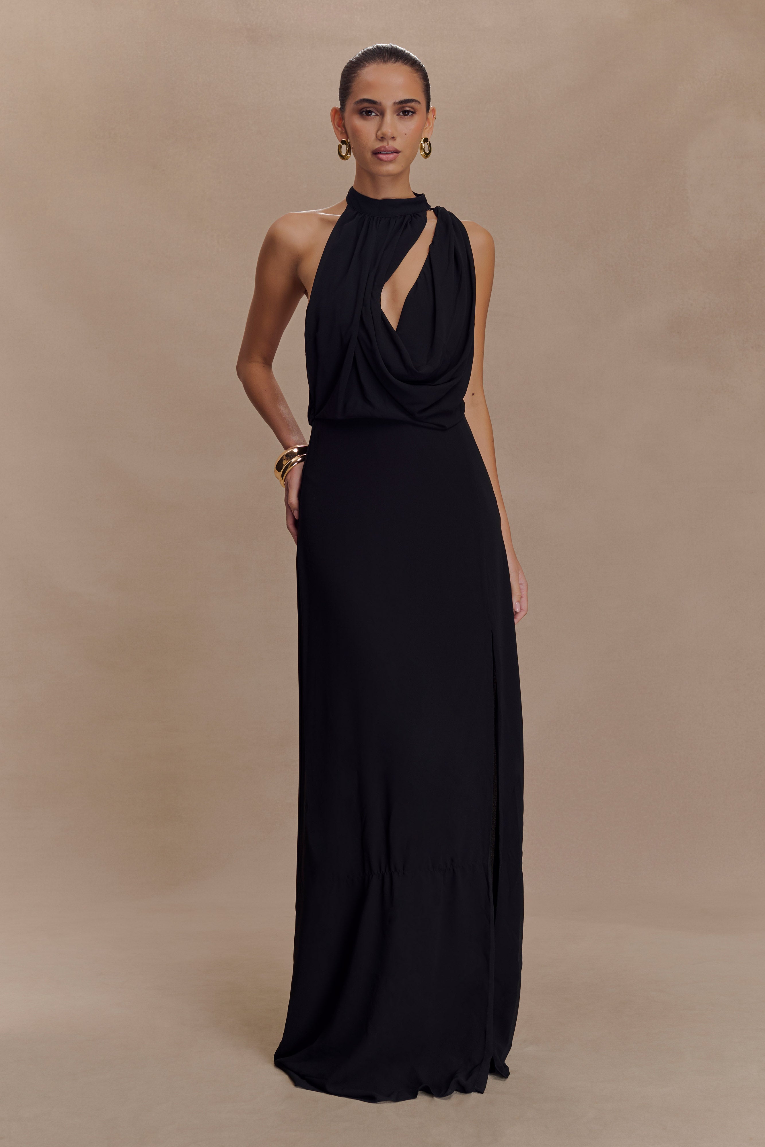 Cowl Neck Maxi Dress with High Leg Split & Draped Back | Galia