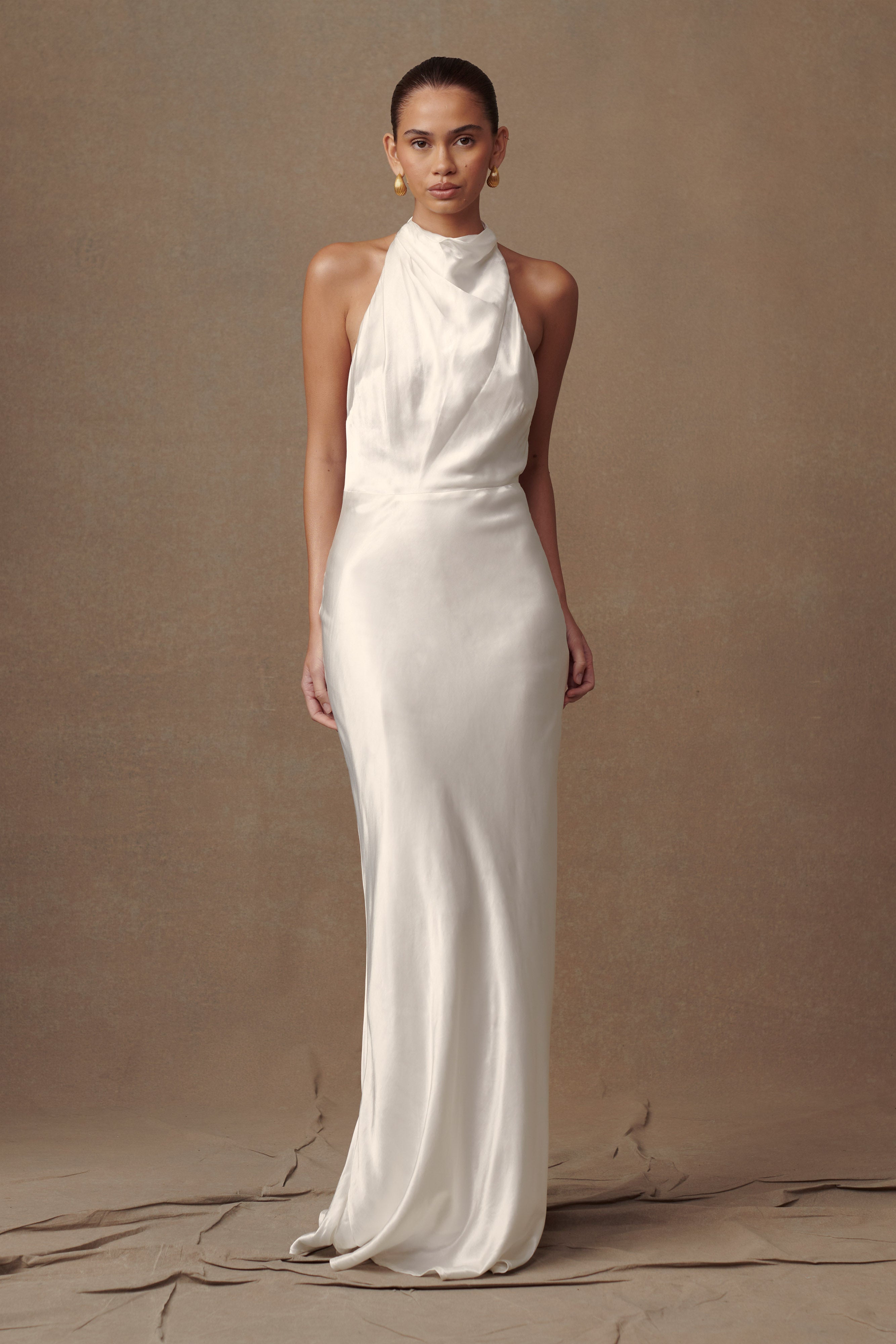 Iridescent Satin Cowl Maxi Dress with Halter Neckline | Esther