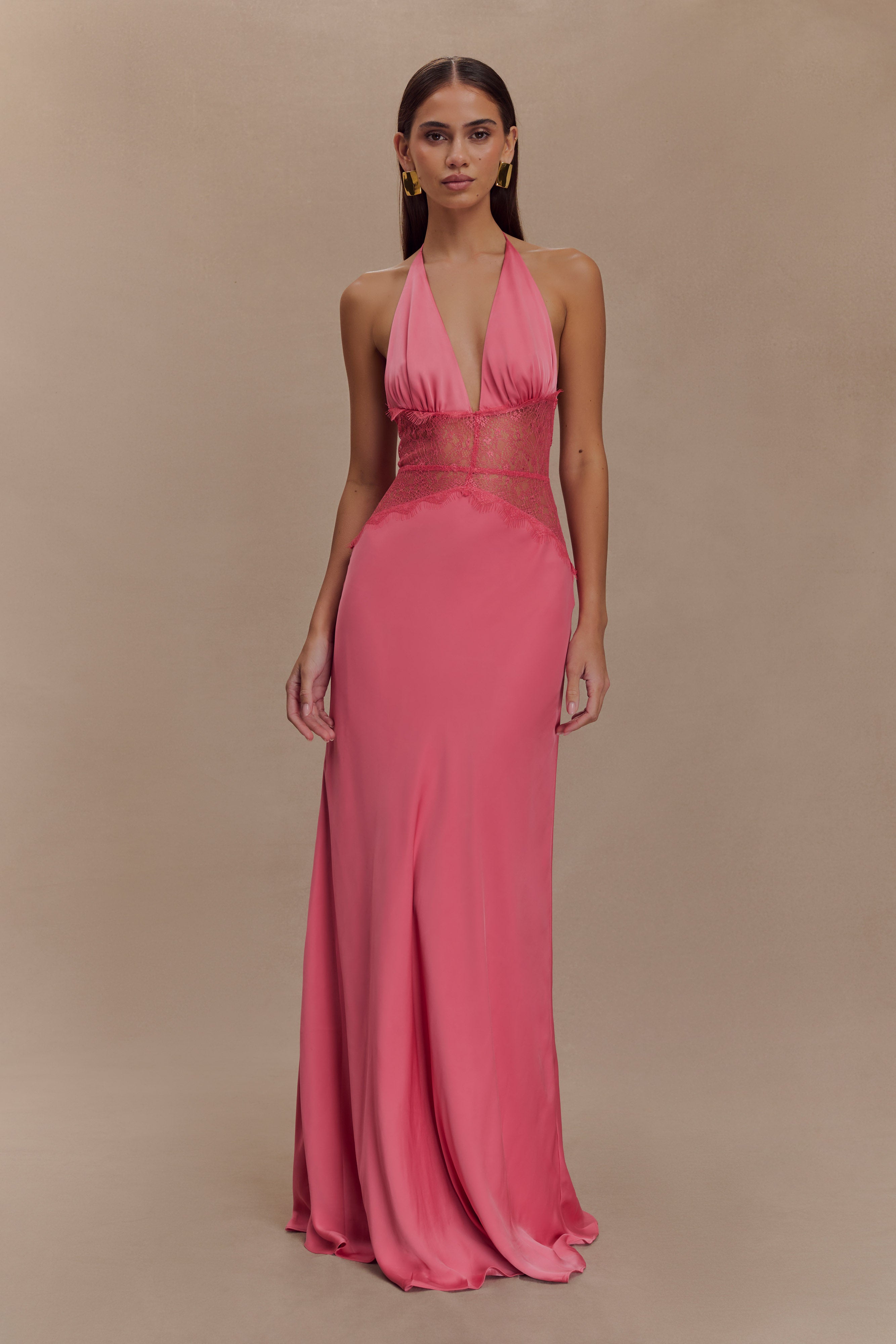 Lace and Satin Maxi Dress with Halter Neckline | Dinah Blush Rose