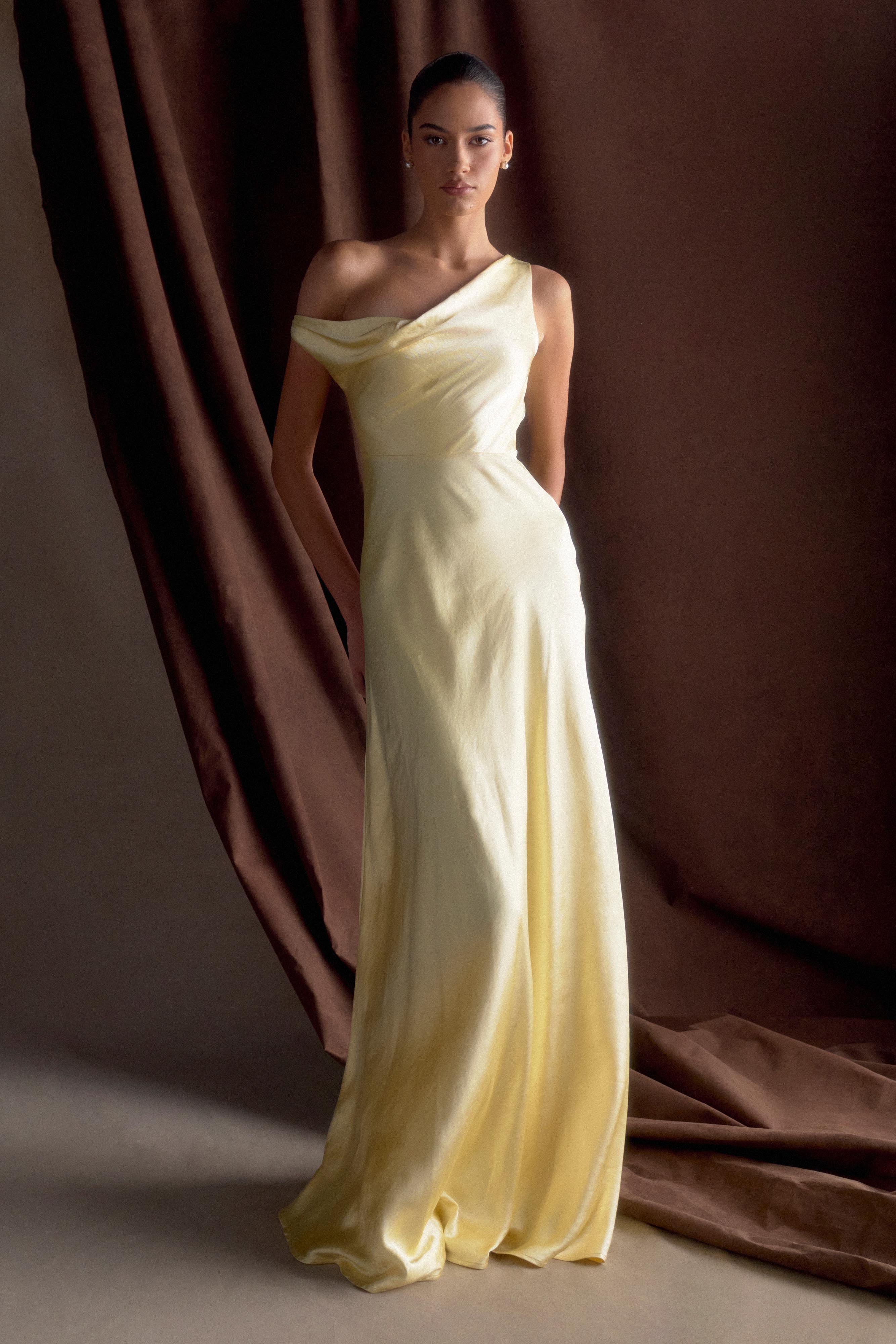 One Shoulder Maxi Dress with Draped Neckline for Weddings | Jacinta