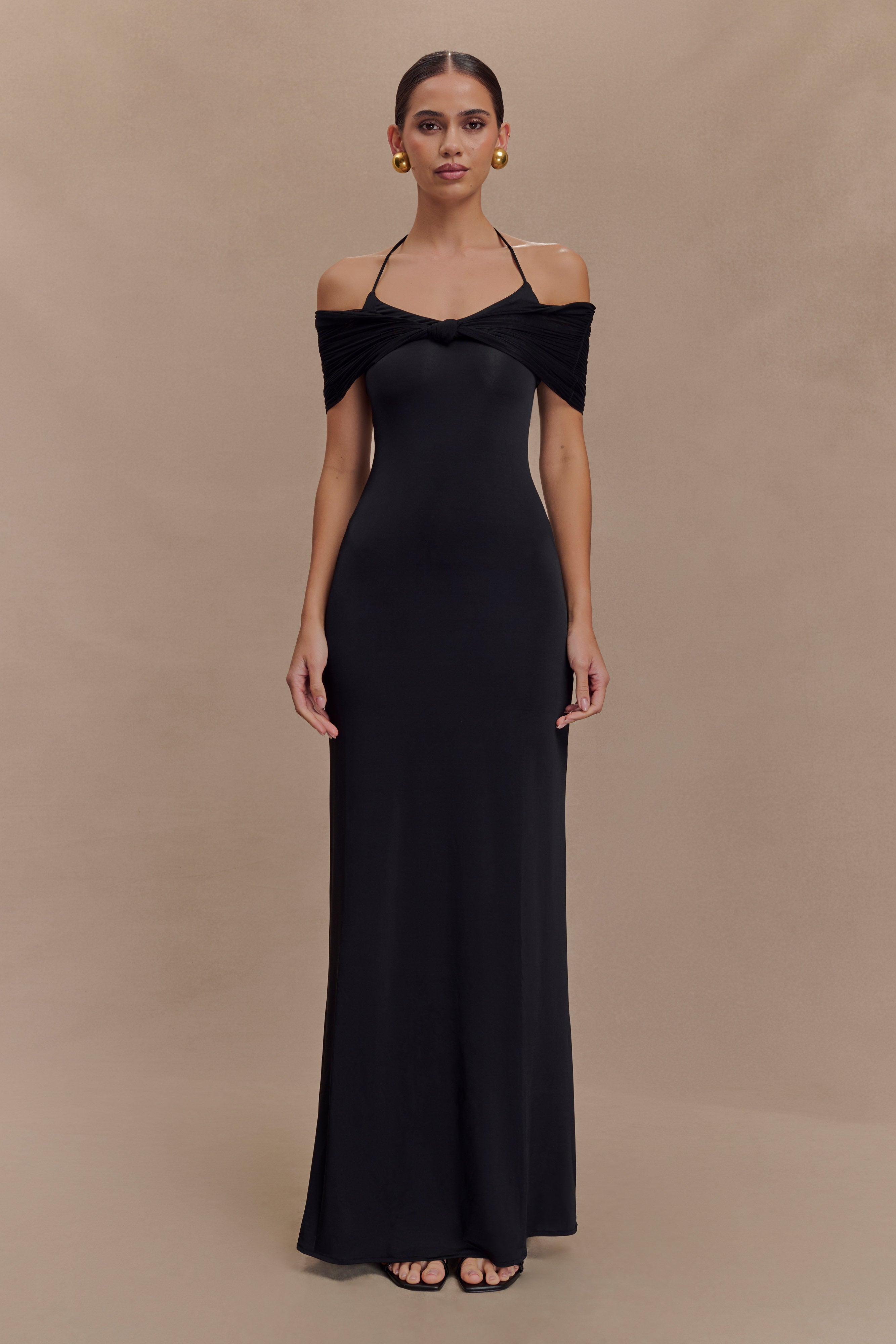 Mesh Halter Maxi Dress with Slinky Fabric | Bernadina Black