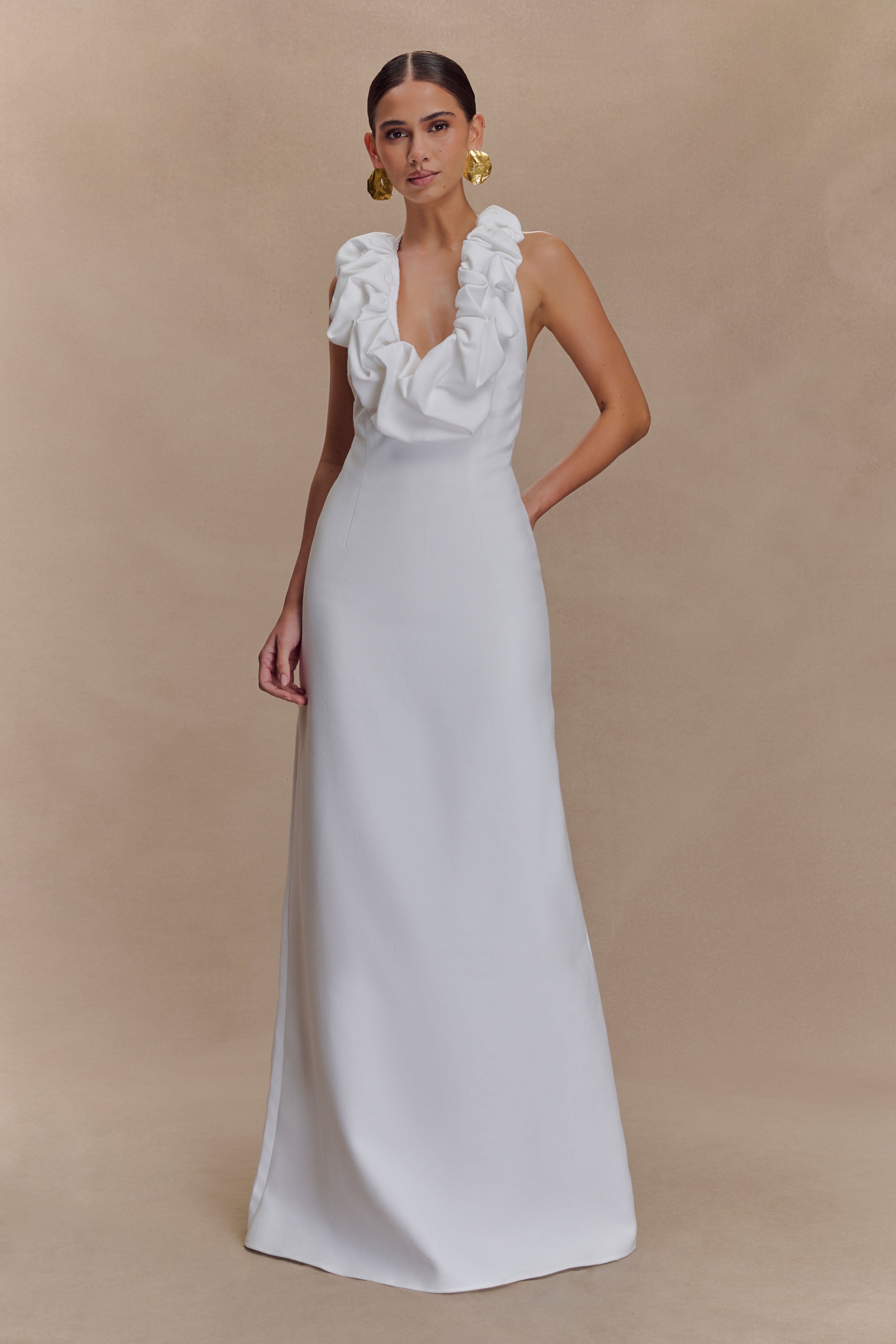 Linen Bubble Maxi Dress with Halter Neck & Back Zip | Carolyn