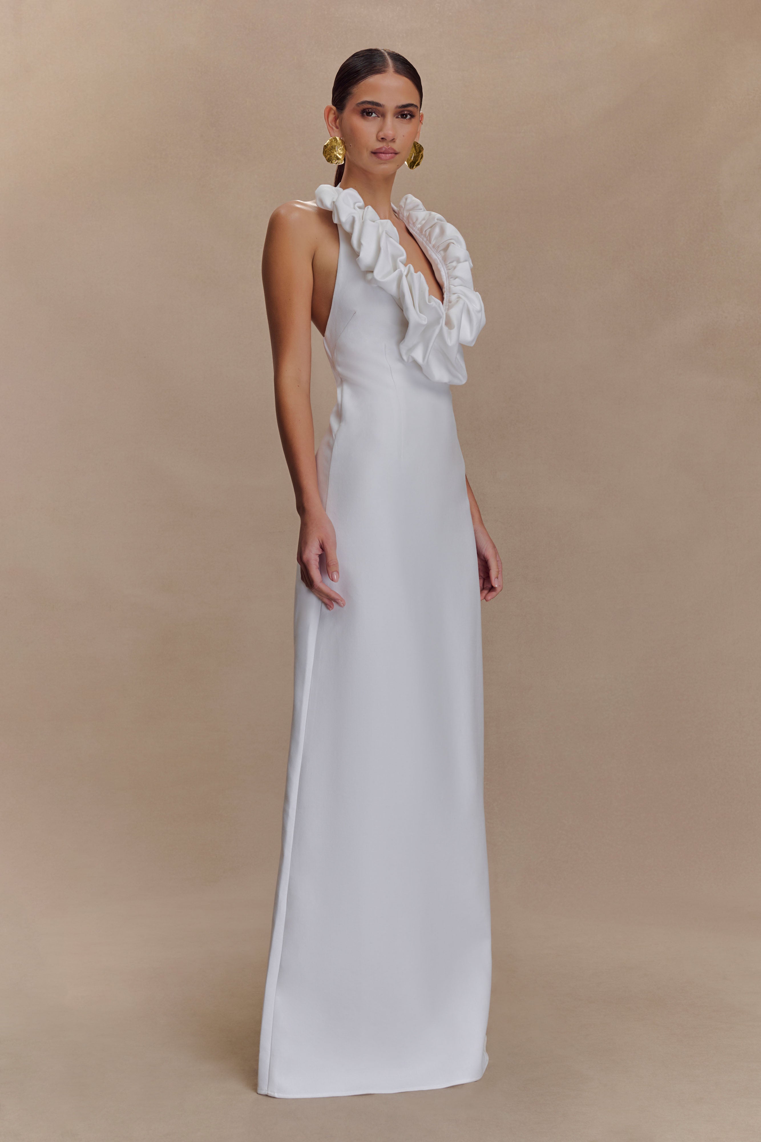 Linen Bubble Maxi Dress with Halter Neck & Back Zip | Carolyn