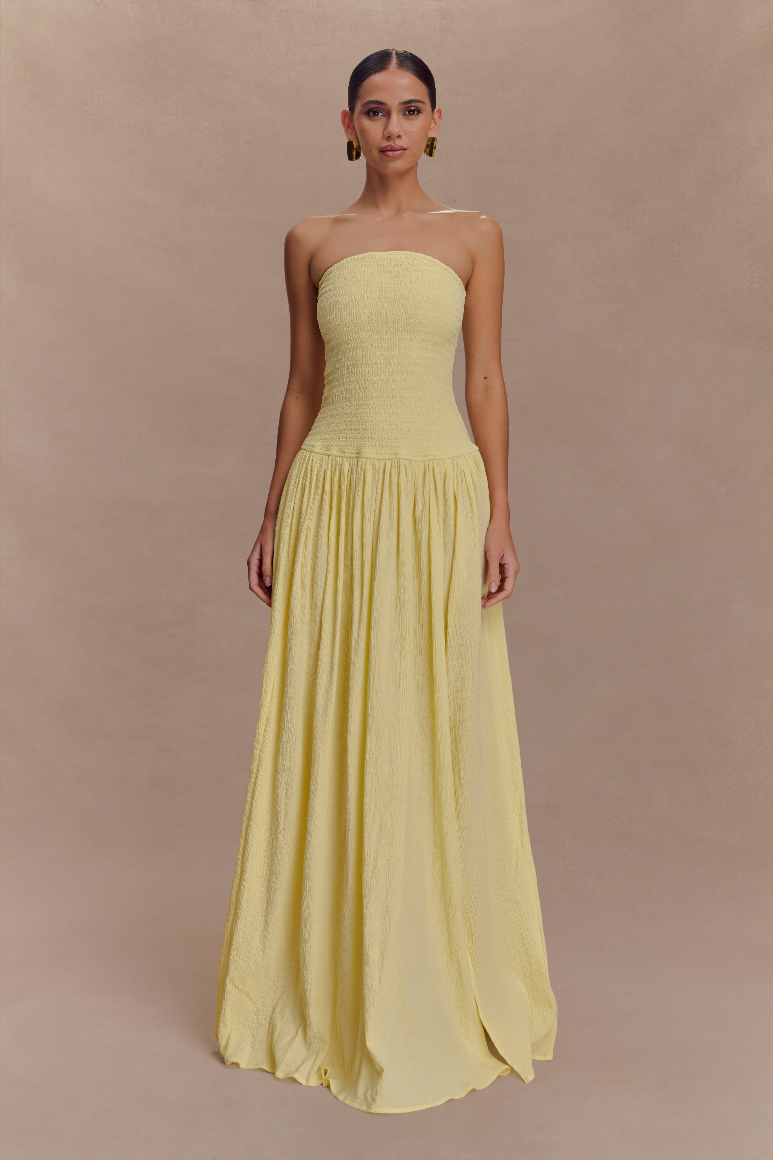 Strapless Shirred Cotton Maxi Dress with Leg Split | Maureen