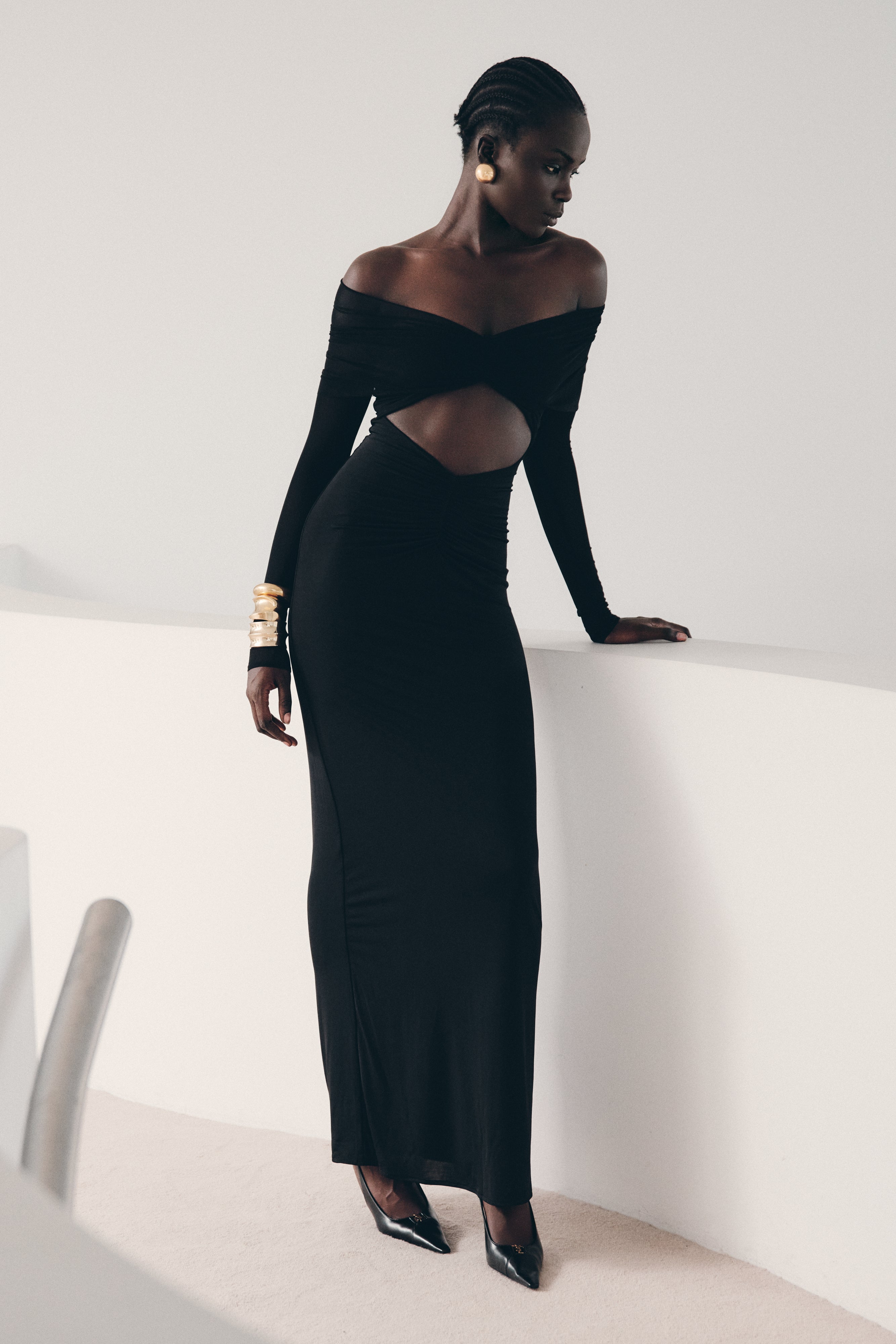 Mesh Maxi Dress with Sheer Panels & Plunging Neckline | Rafaella