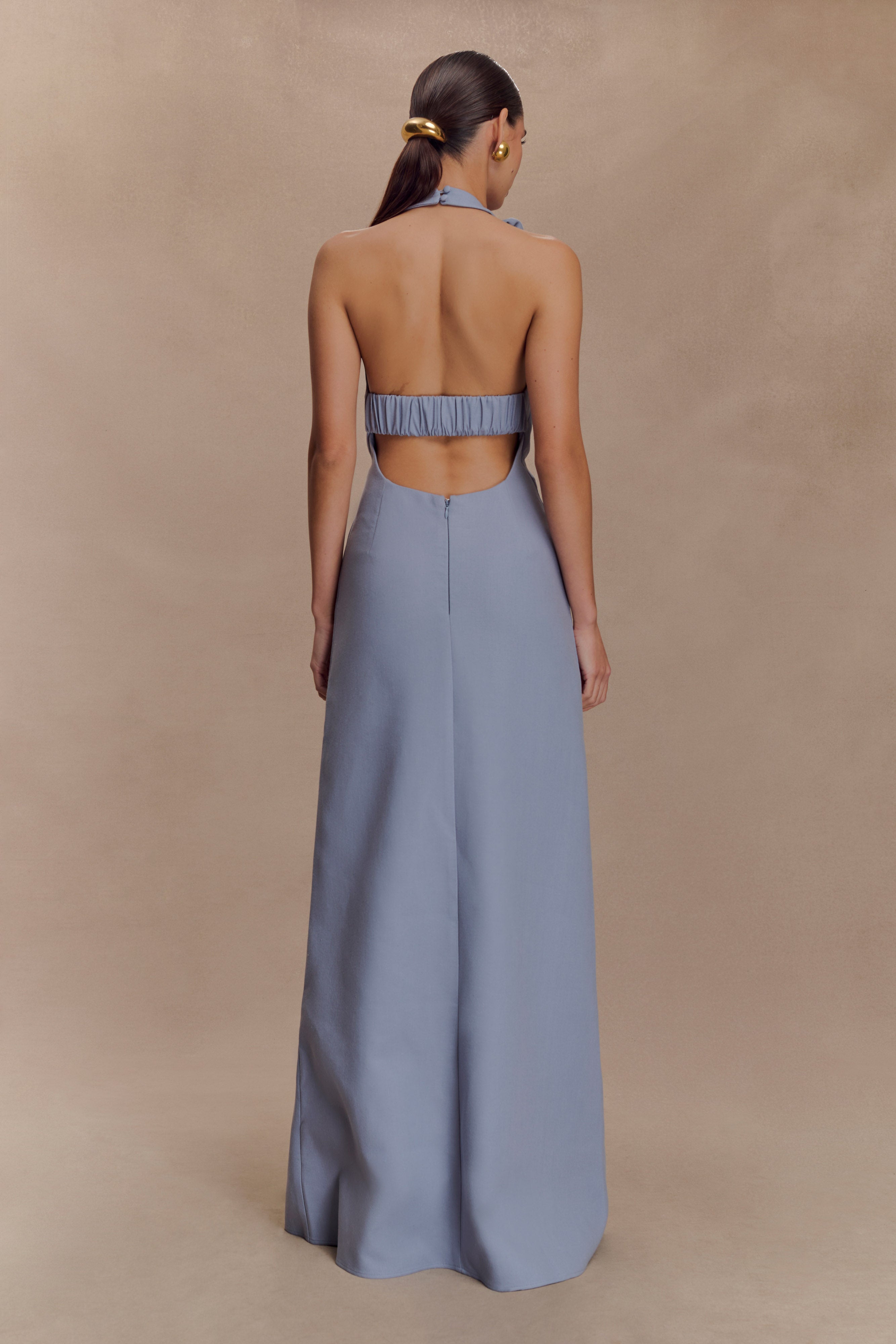 Linen Bubble Maxi Dress with Halter Neck & Back Zip | Carolyn - Misty Blue