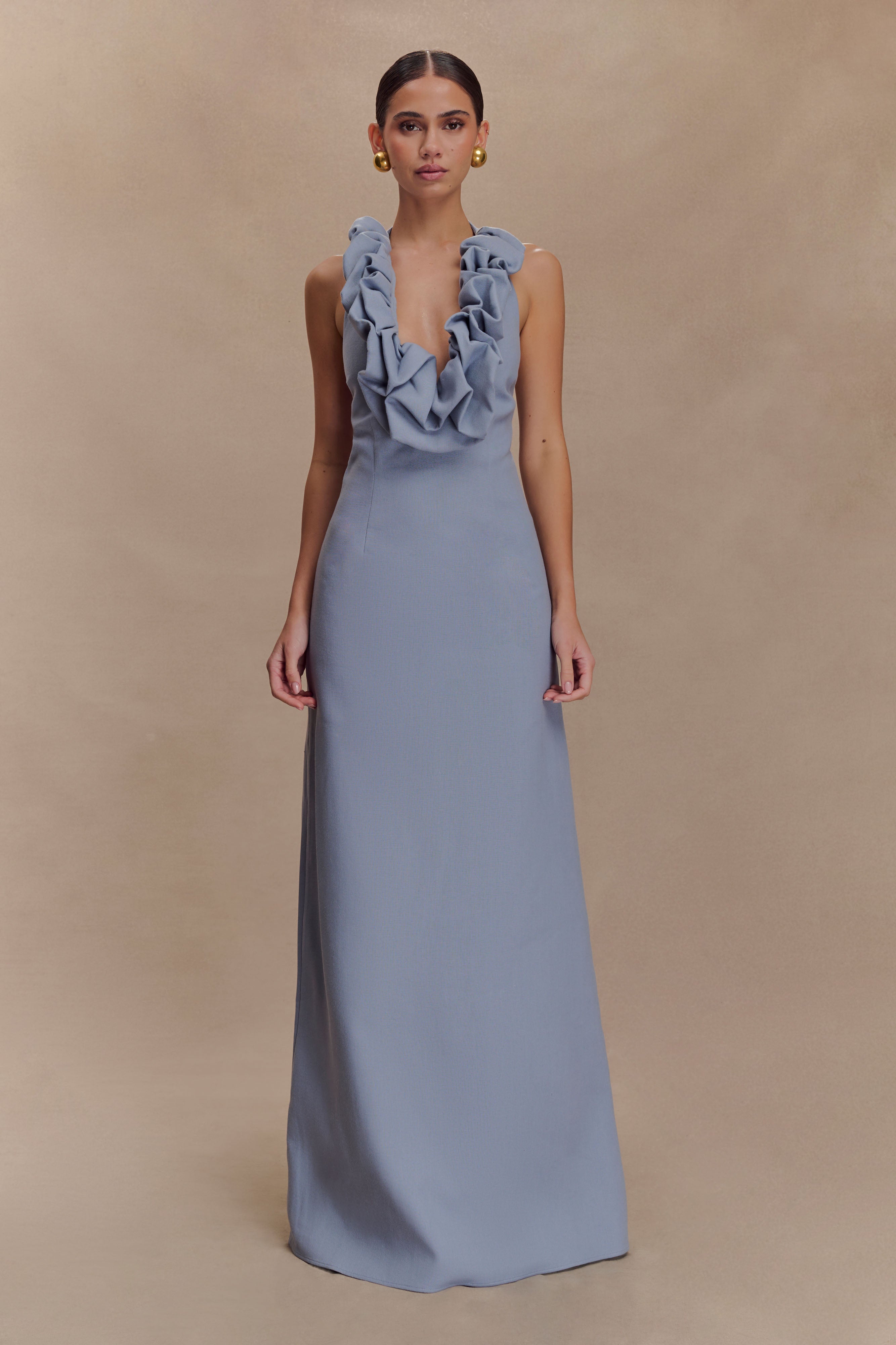 Linen Bubble Maxi Dress with Halter Neck & Back Zip | Carolyn - Misty Blue