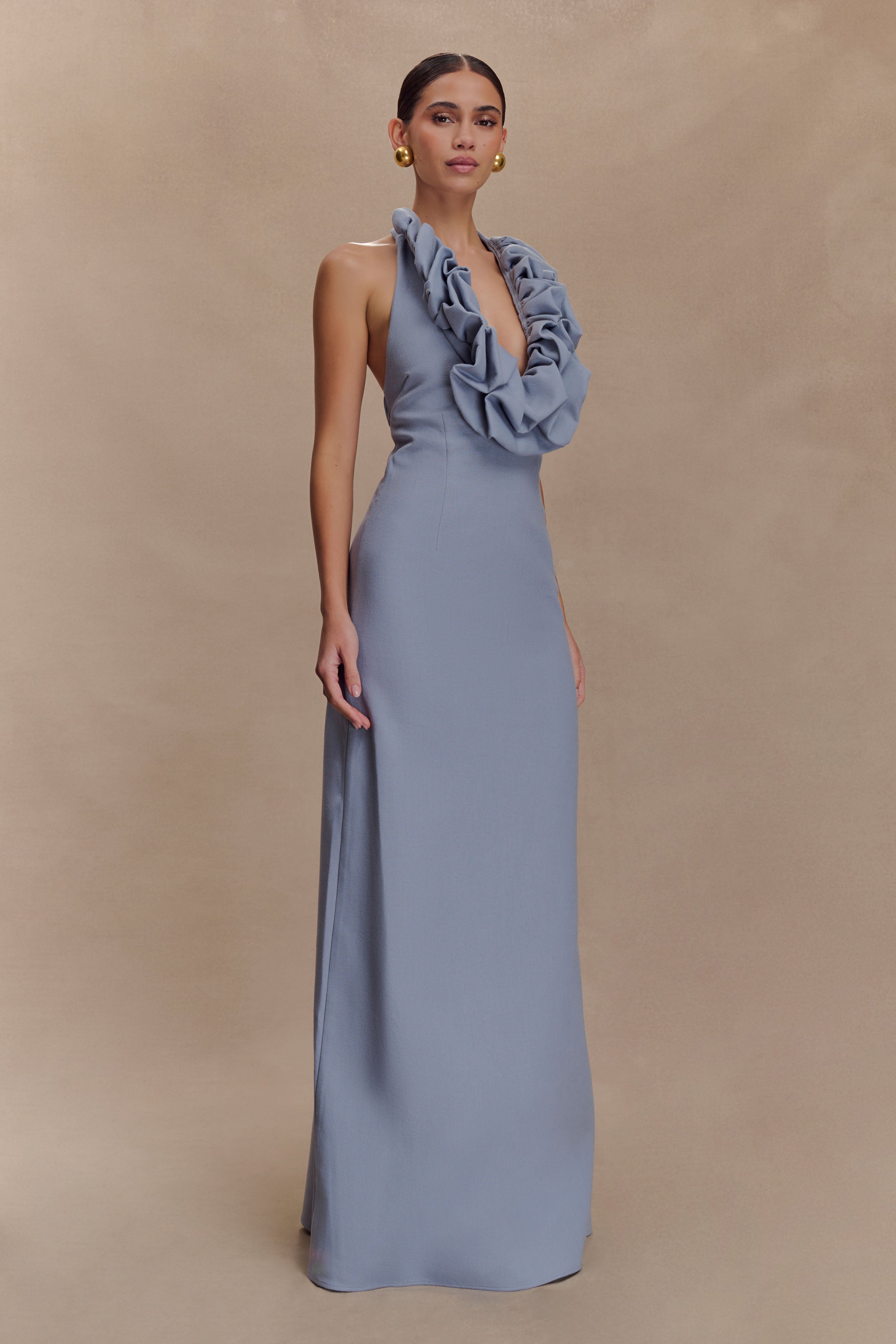 Linen Bubble Maxi Dress with Halter Neck & Back Zip | Carolyn - Misty Blue