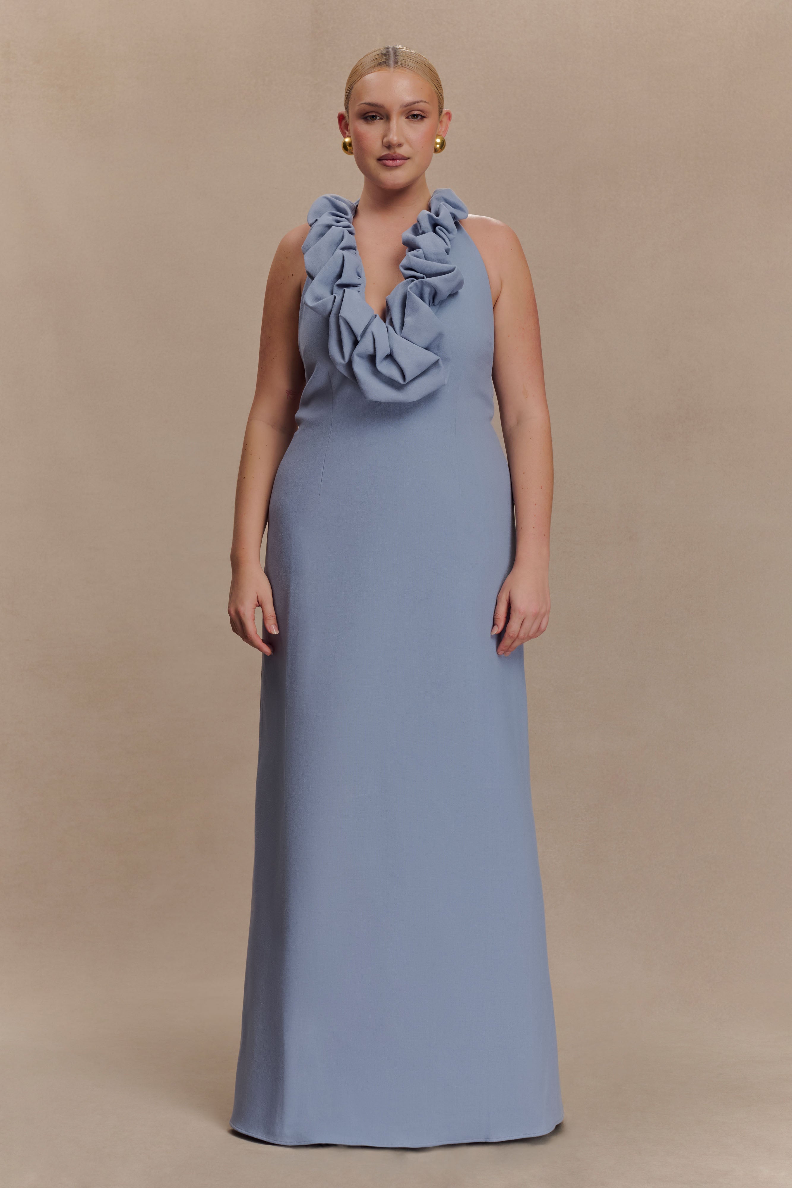 Linen Bubble Maxi Dress with Halter Neck & Back Zip | Carolyn - Misty Blue