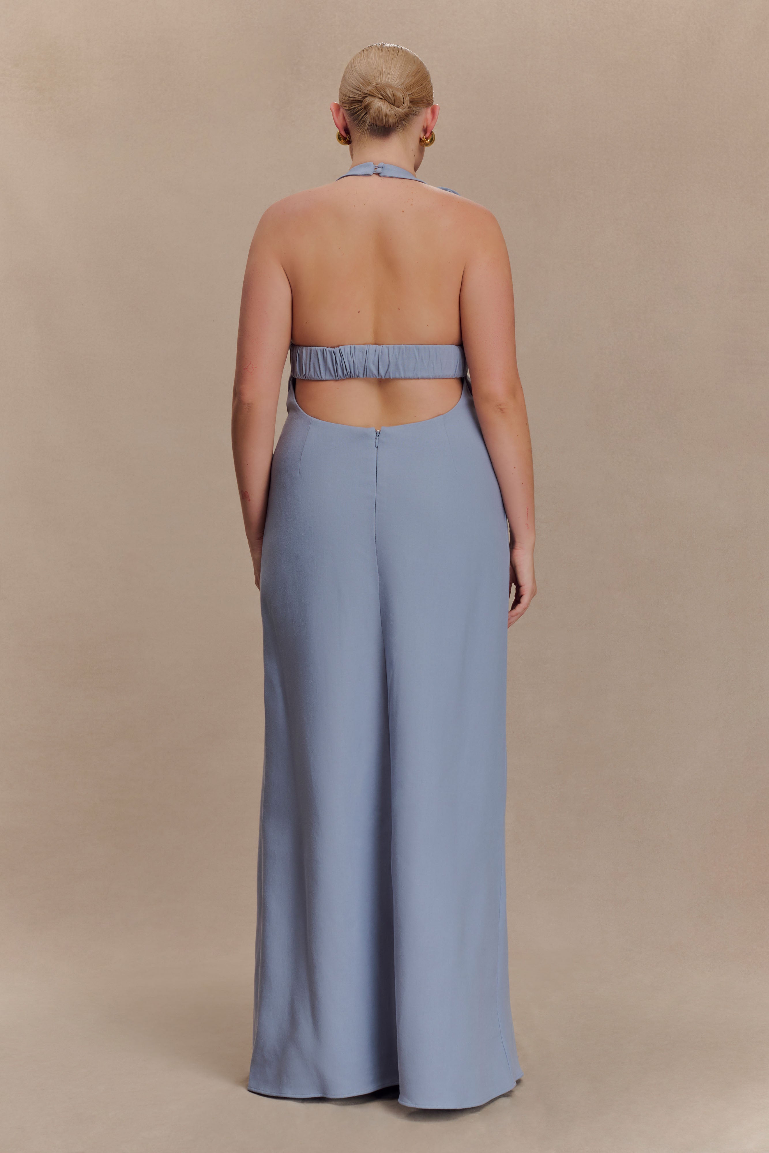 Linen Bubble Maxi Dress with Halter Neck & Back Zip | Carolyn - Misty Blue