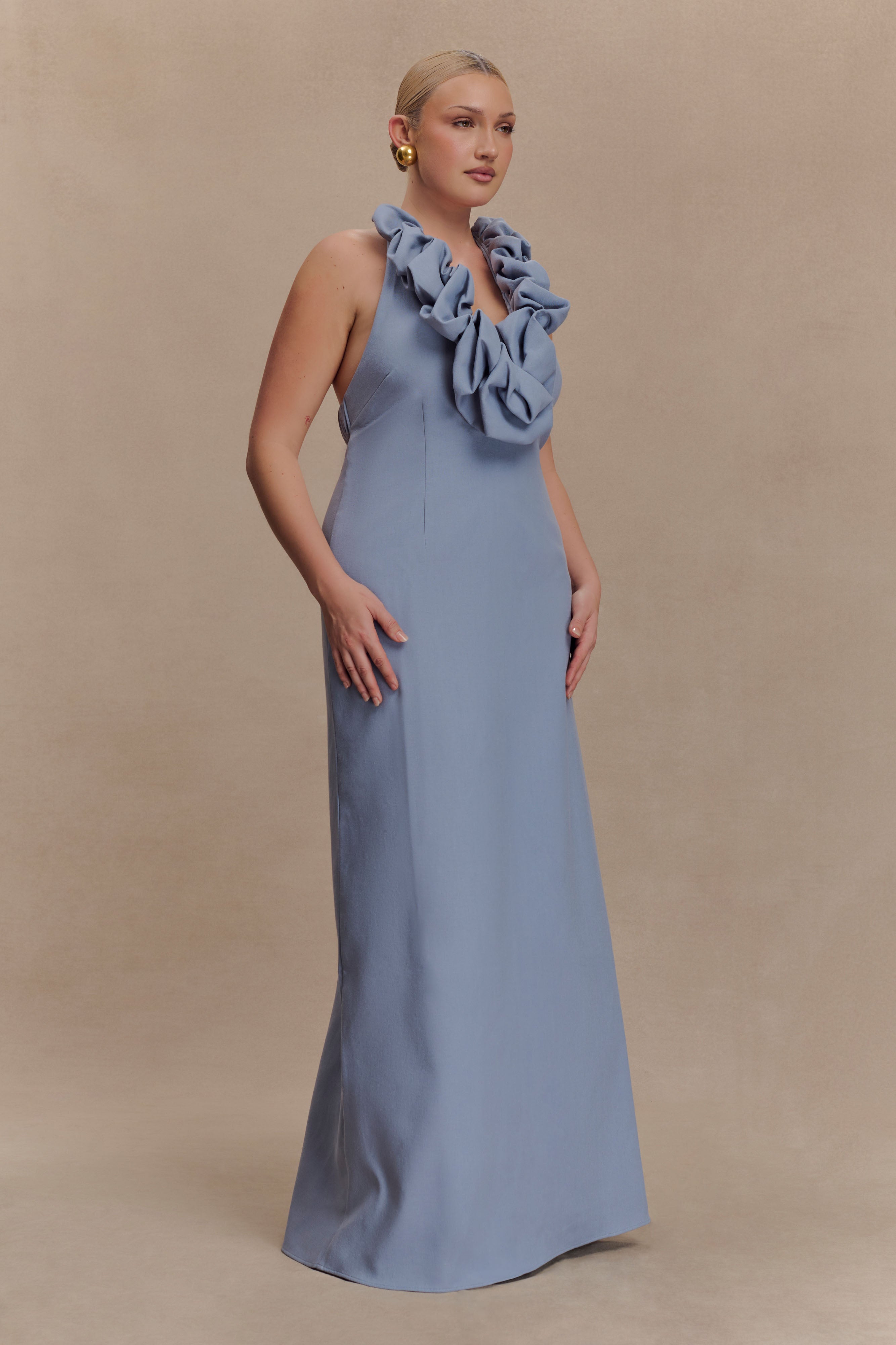 Linen Bubble Maxi Dress with Halter Neck & Back Zip | Carolyn - Misty Blue