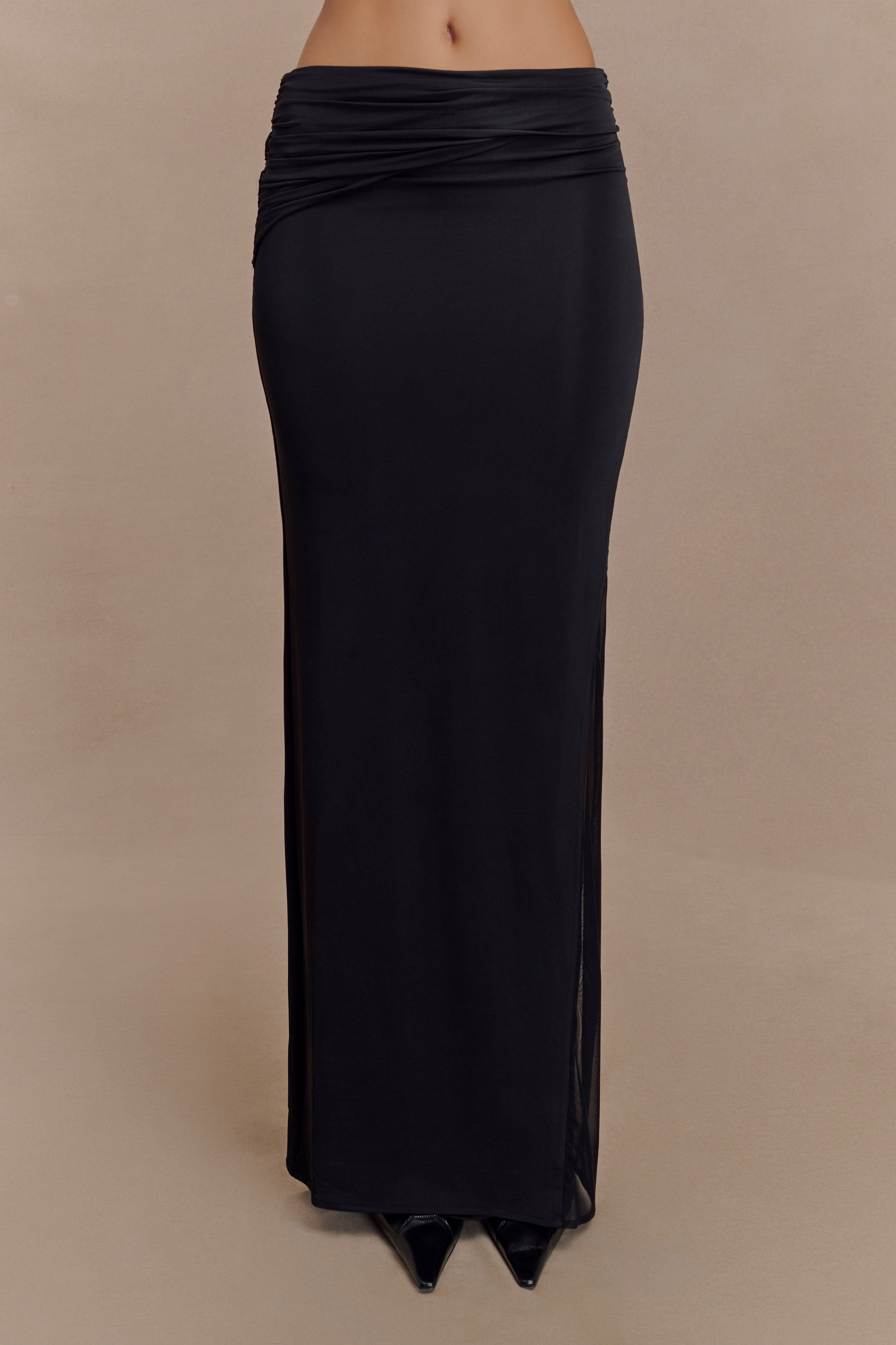 Black Slinky Mesh Maxi Skirt for Resort & Evening Wear | Judy