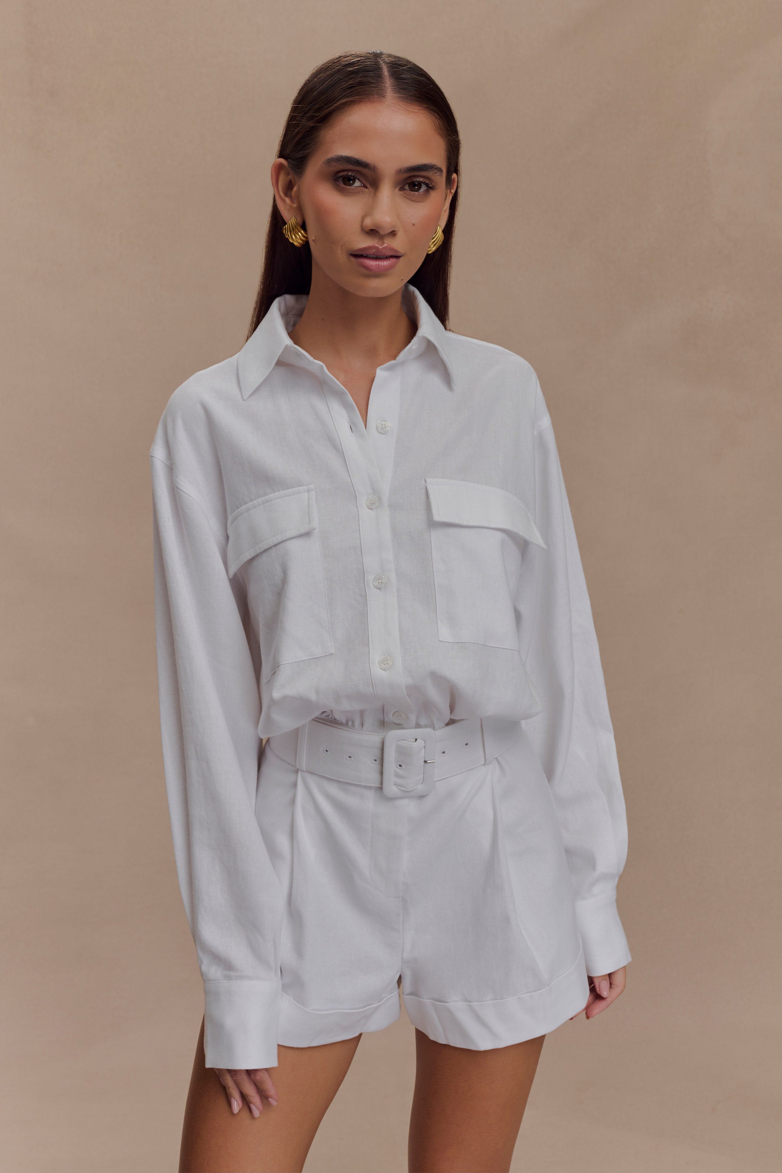 Linen Belted Playsuit with Collar & Pockets | Adia White