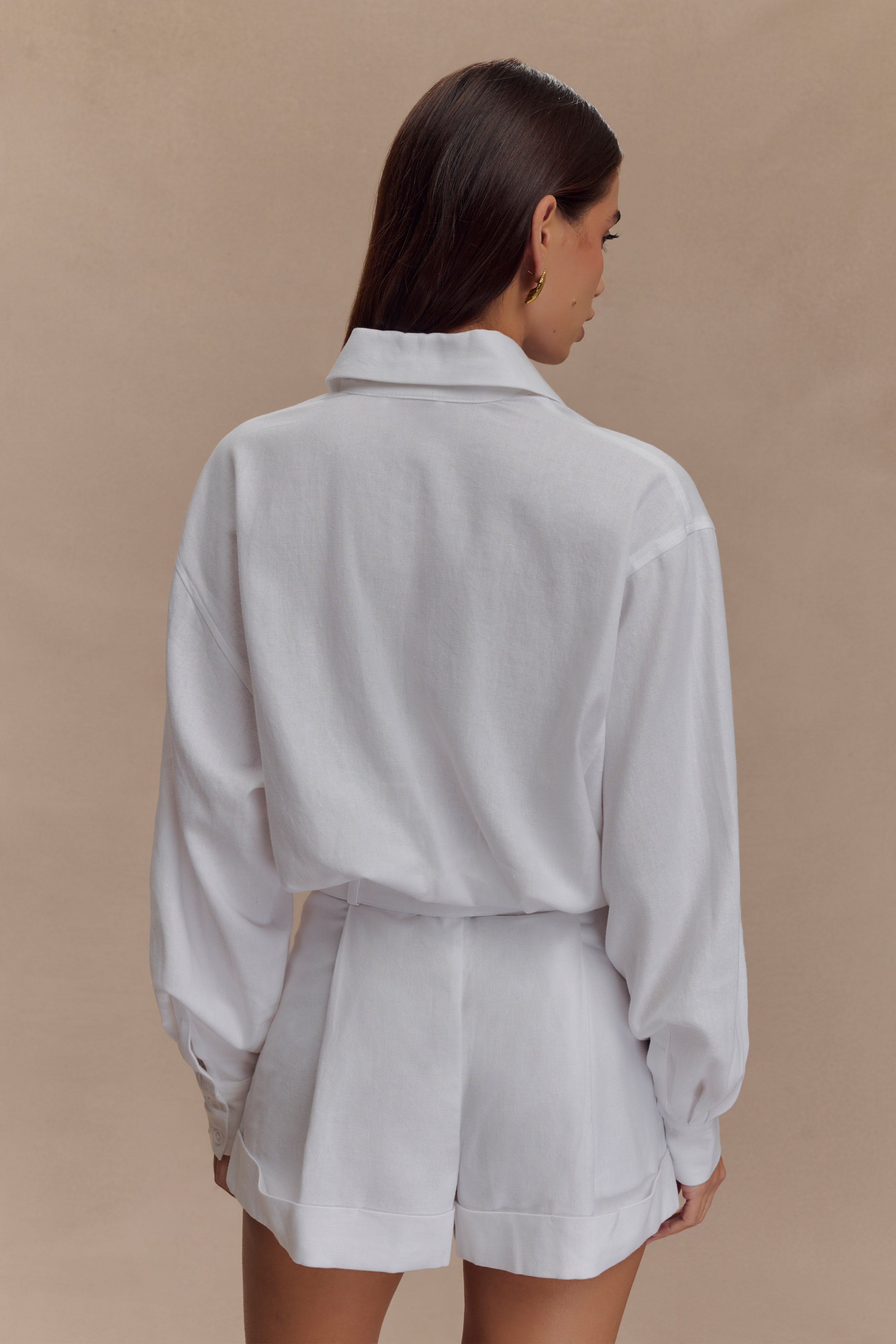 Linen Belted Playsuit with Collar & Pockets | Adia White