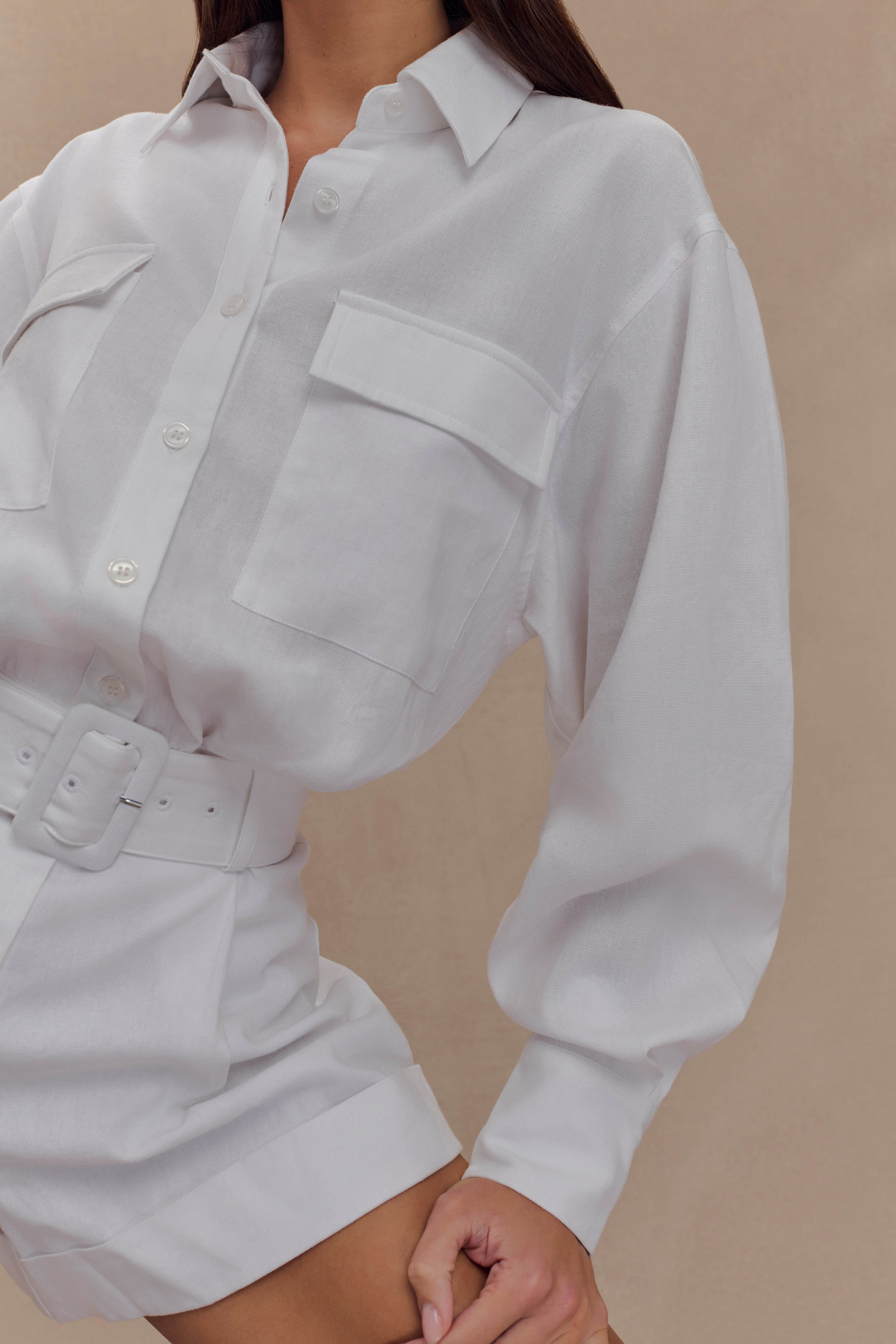 Linen Belted Playsuit with Collar & Pockets | Adia White