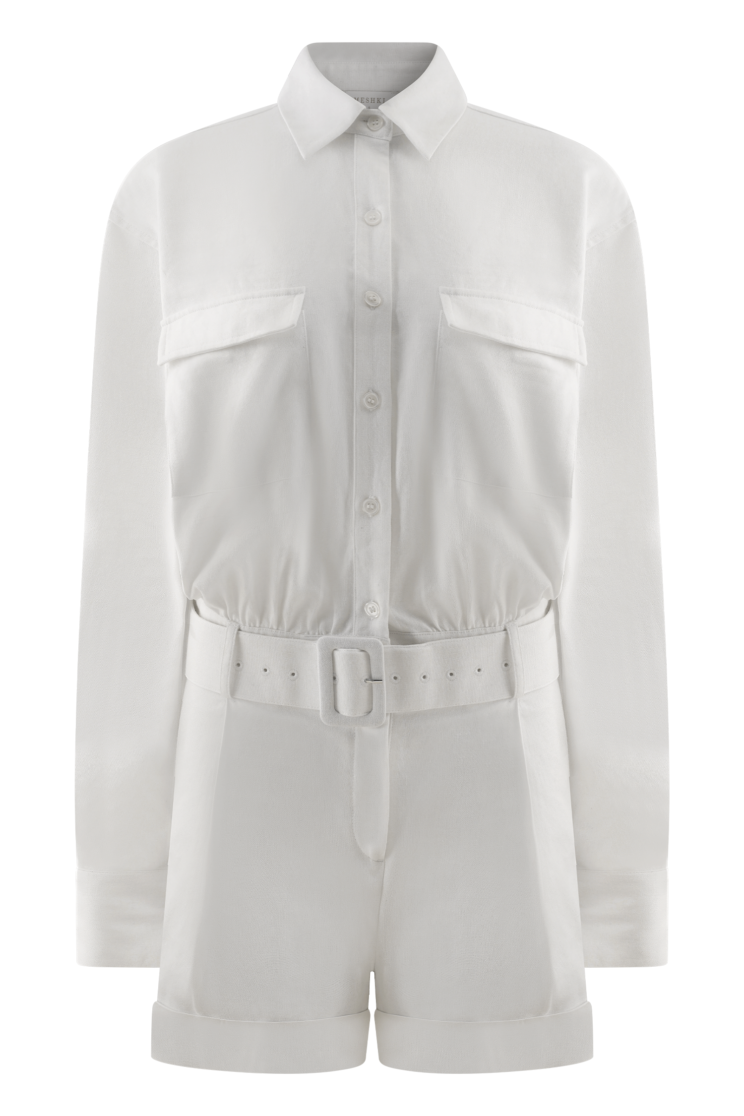 Linen Belted Playsuit with Collar & Pockets | Adia White
