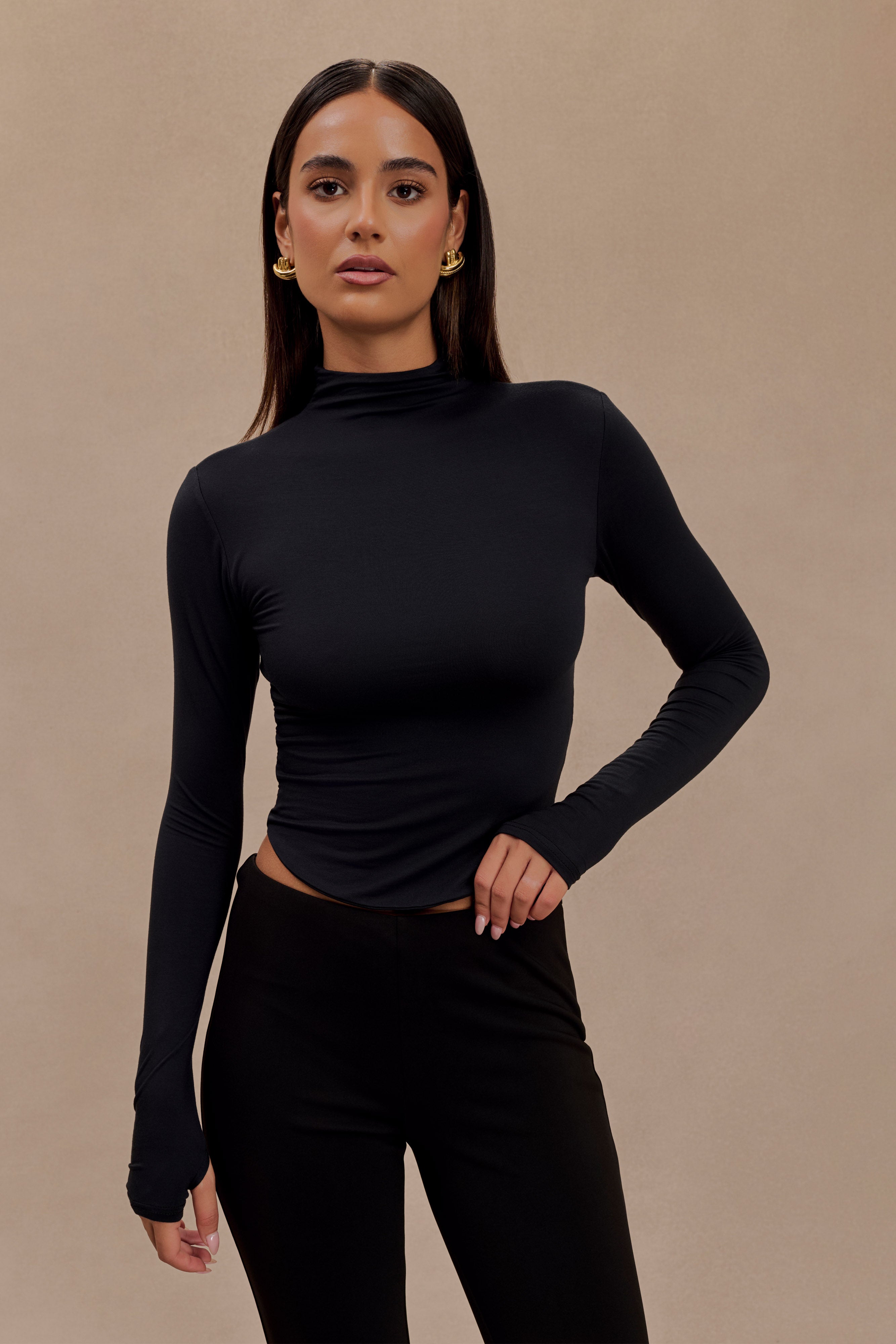 Modal Long Sleeve High Neck Top with Thumbholes | Ember