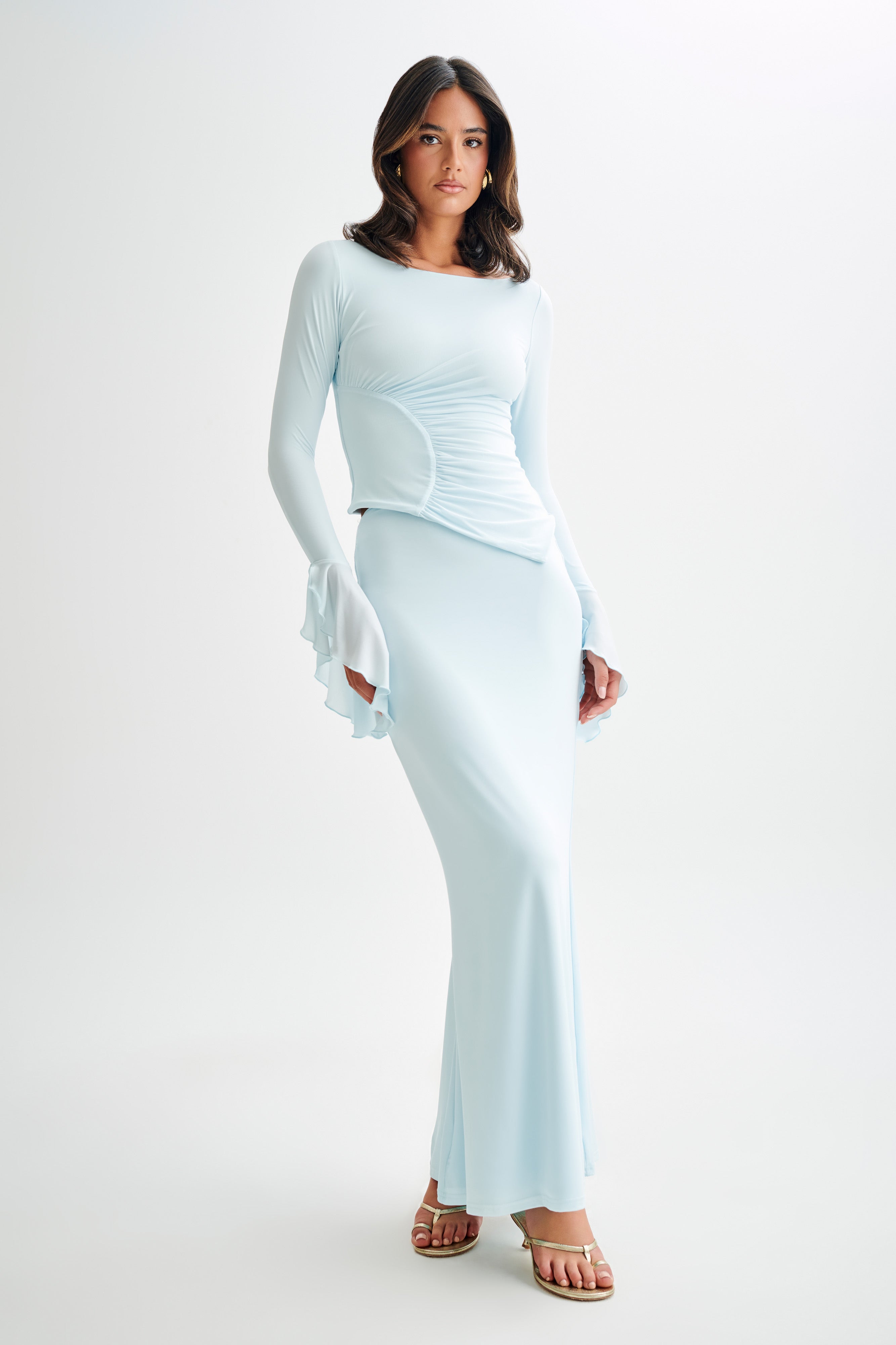 Bell Sleeve Slinky Top with Boat Neck & Ruched Detail | Stevie