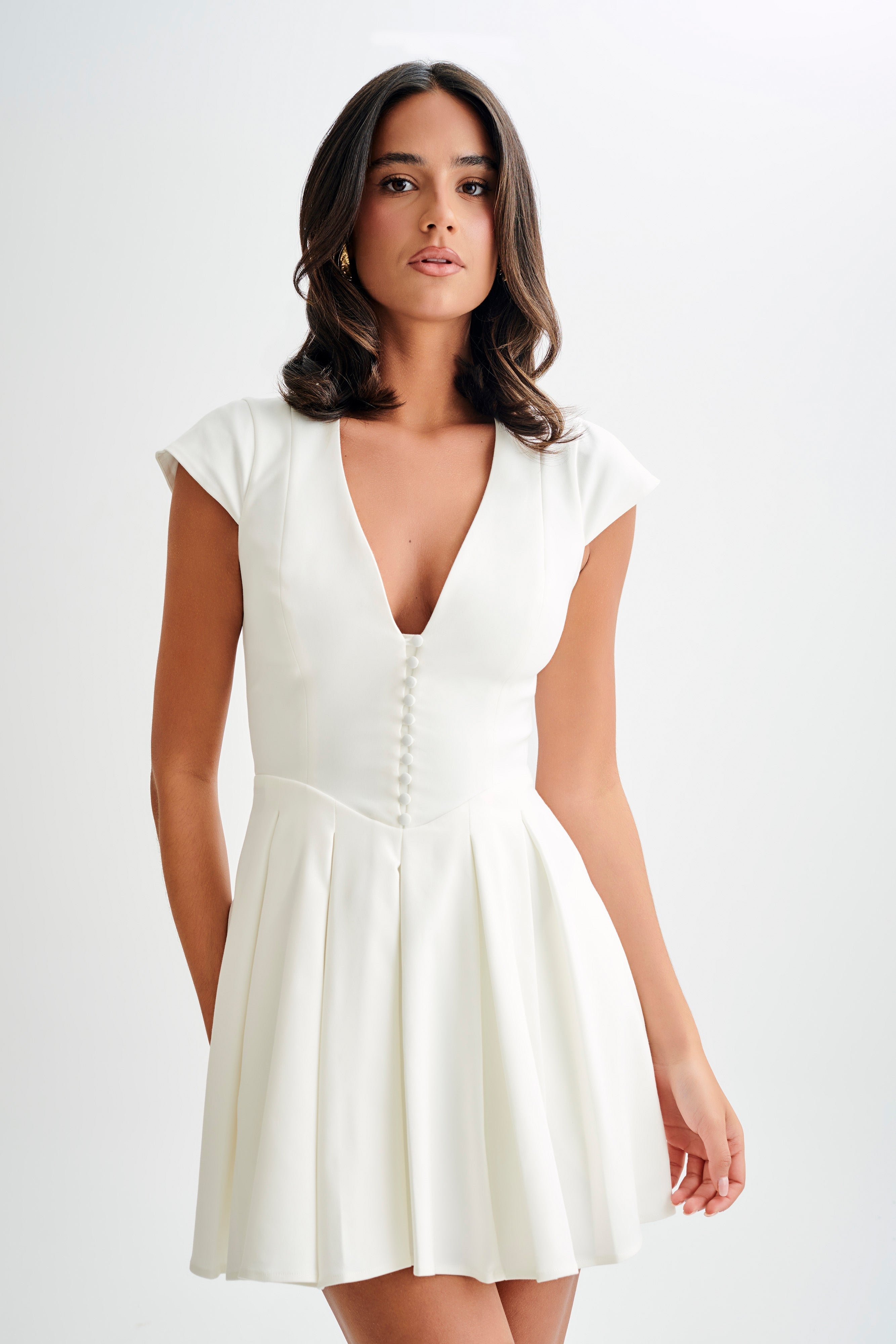 White Cotton Cap Sleeve Mini Dress with V Neckline | Keely