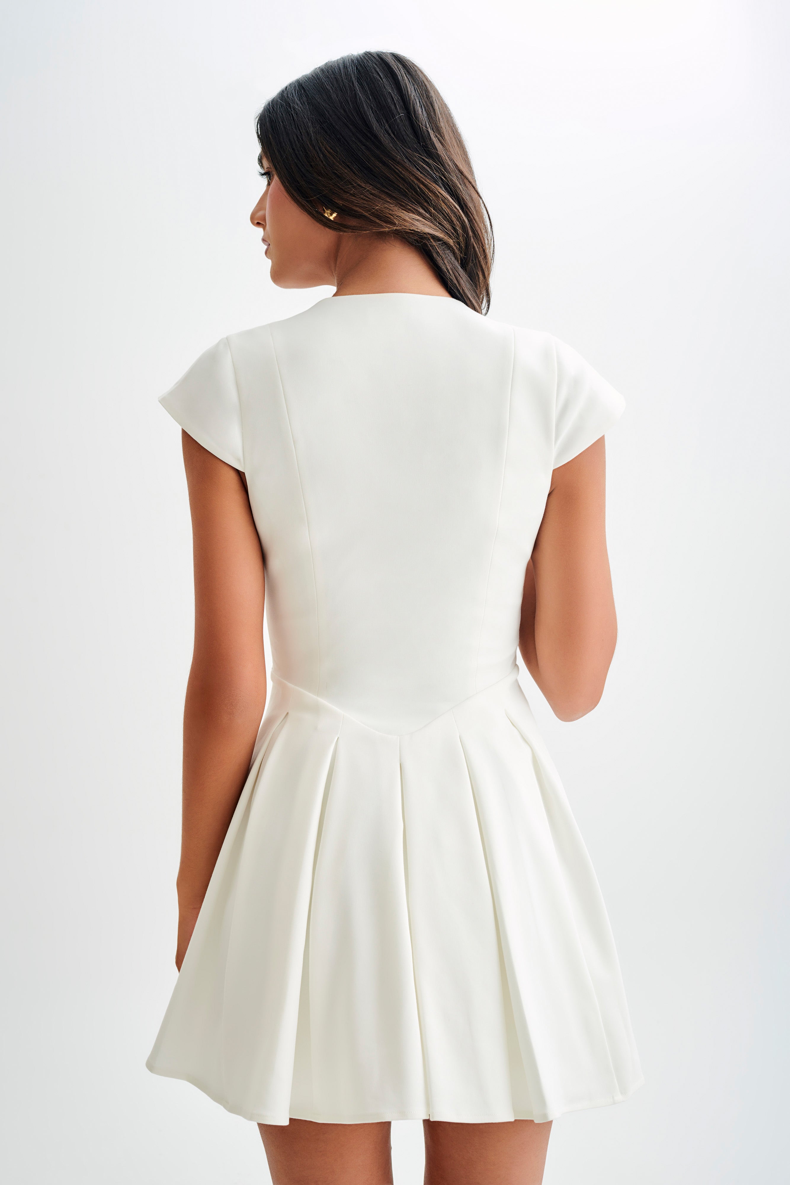 White Cotton Cap Sleeve Mini Dress with V Neckline | Keely