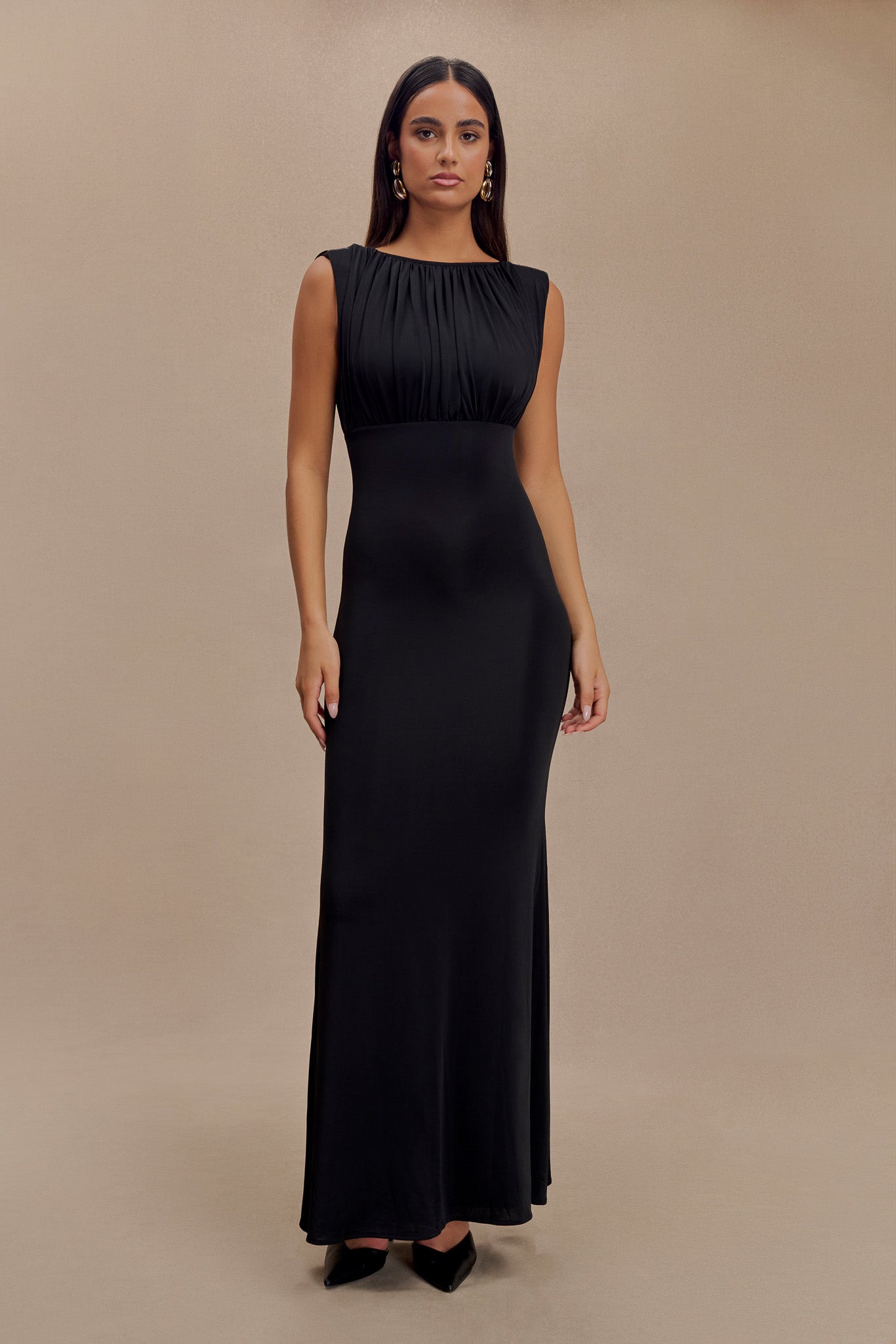 Ruched Maxi Dress with Open Back & Fishtail Hem | Malia
